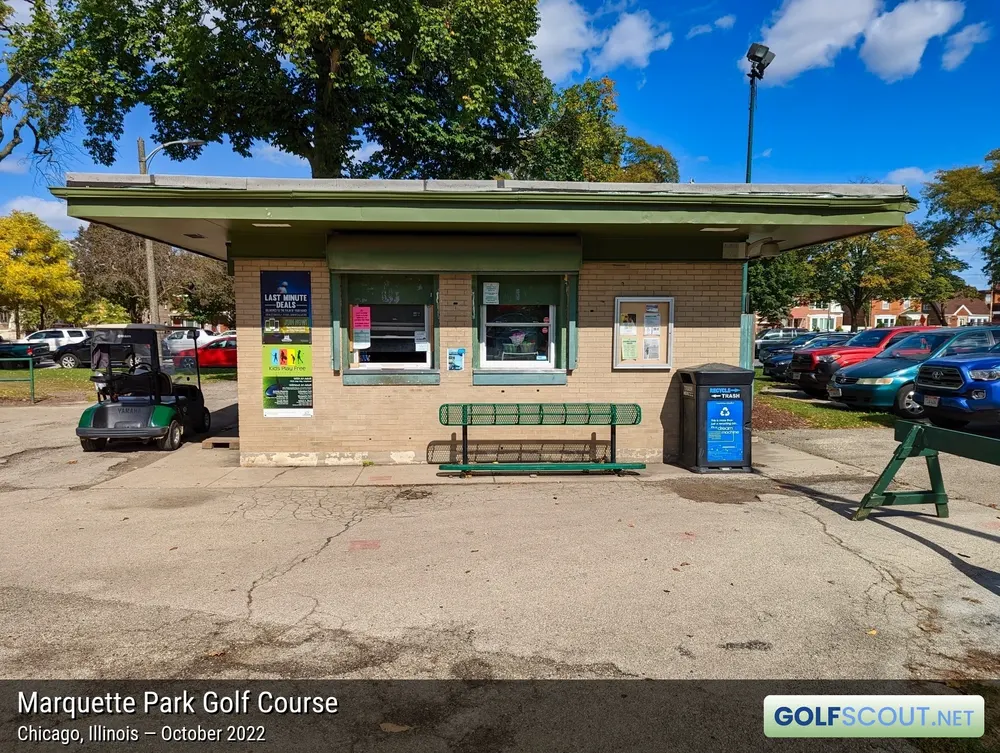 There's no clubhouse or pro shop at Marquette Park GC; there is this walk-up window. - Marquette Park Golf Course