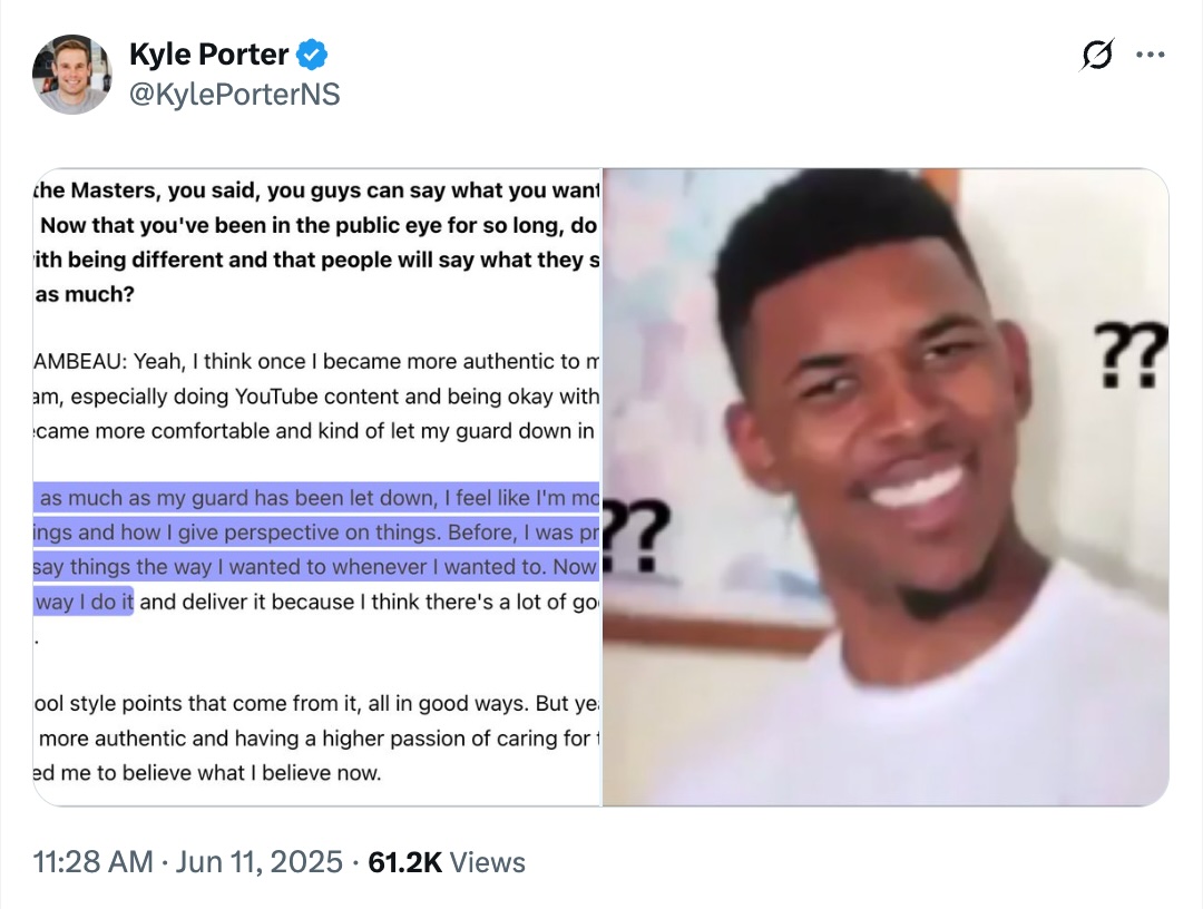 Screenshot of Kyle Porter's social media post quoting Bryson DeChambeau's press conference at the 2025 US Open at Oakmont