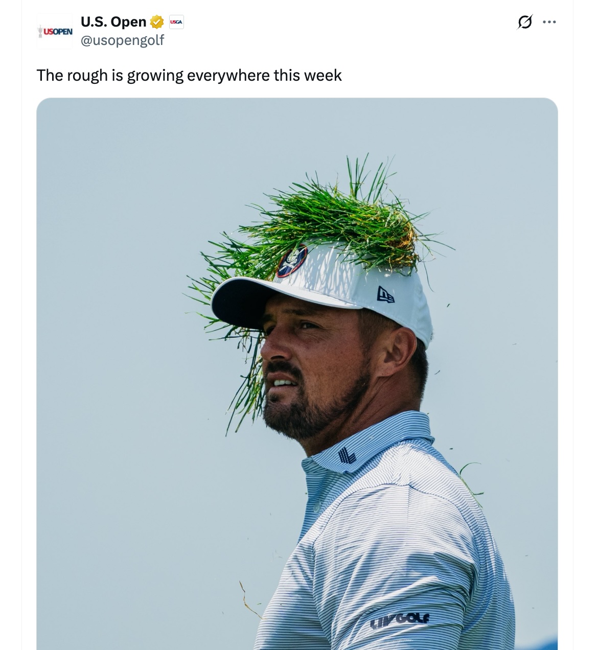 Screenshot of a Twitter post that shows Bryson DeChambeau with a turf divot on his hat at the 2025 US Open at Oakmont