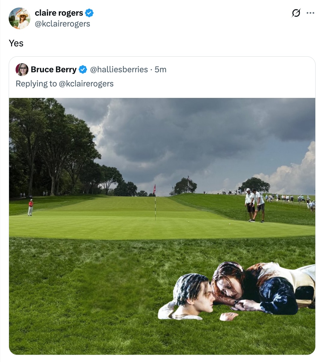 Claire Rogers tweet mocking the deep rough with characters from the Titanic movie at the 2025 US Open at Oakmont