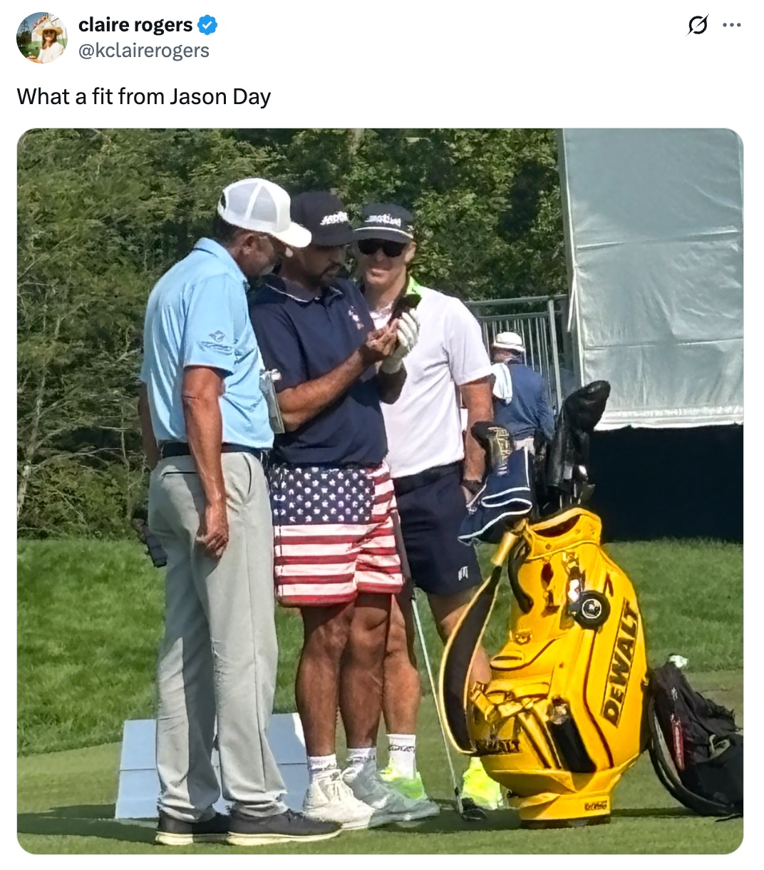Jason Day wearing loud American flag shorts during a practice round at the 2025 US Open at Oakmont