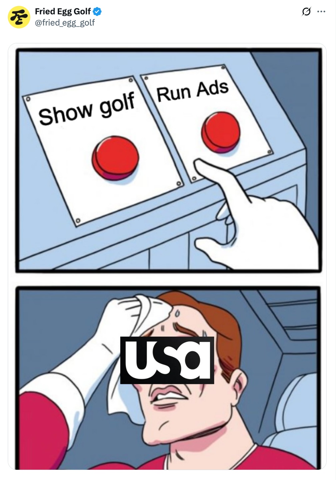 Screenshot of a Twitter post complaining about the high number of ads at the 2025 US Open at Oakmont