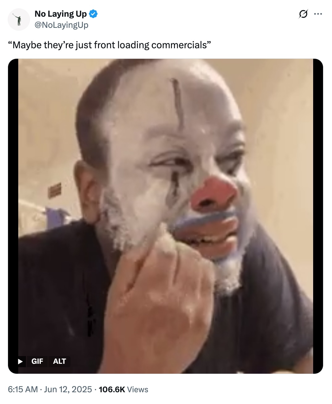 Screenshot of a Twitter post of a clown that's complaining about the high ad load at the 2025 US Open at Oakmont