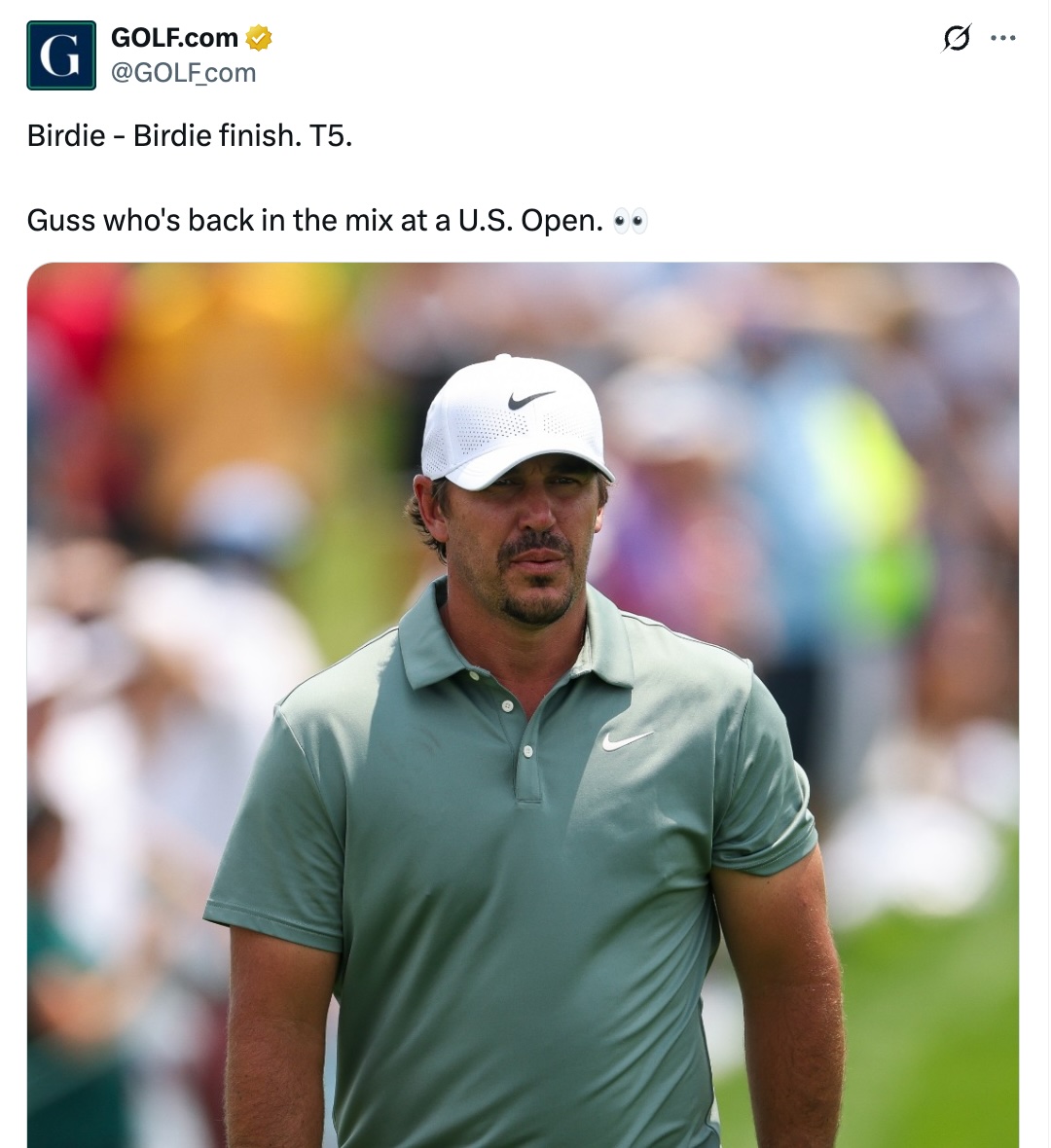 Screenshot of a Twitter post showing Brooks Koepka on the course at Oakmont.