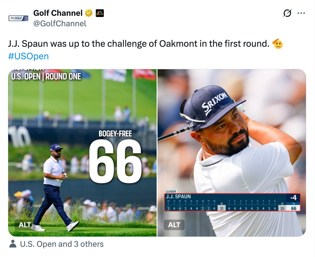 Screenshot of a Twitter showing JJ Spaun's bogie-free scorecard at the 2025 US Open at Oakmont