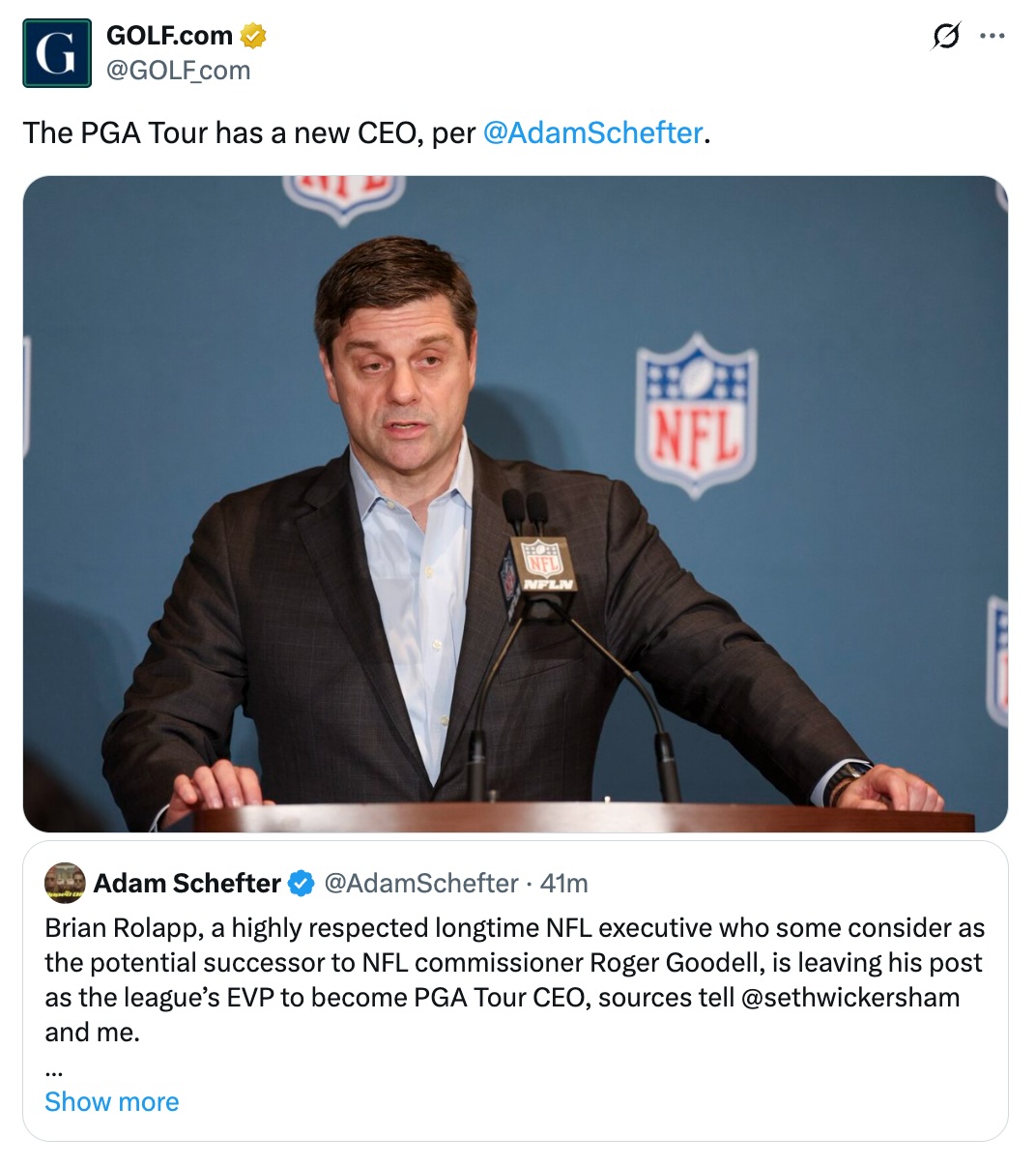 Screenshot of a Twitter post announcing a new PGA Tour CEO Brian Rolapp