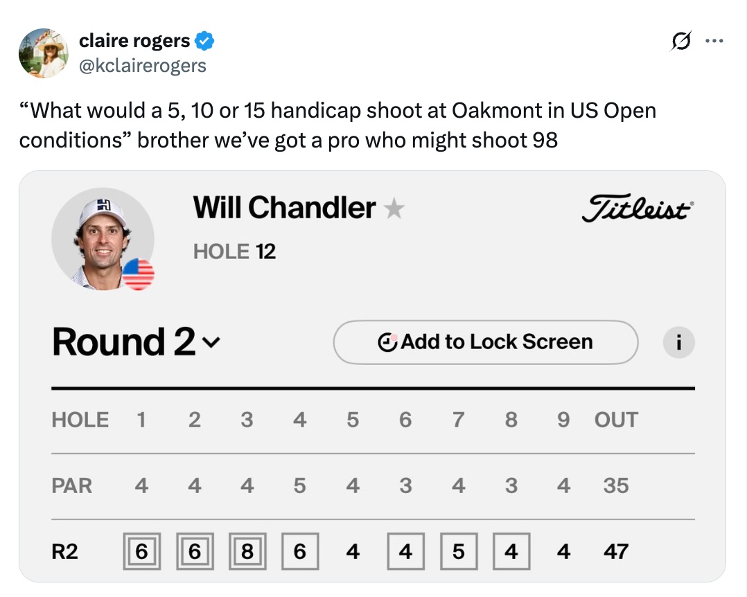 Screenshot of a Twitter post showing Will Chandler's brutal scorecard in round 2 at Oakmont US Open.