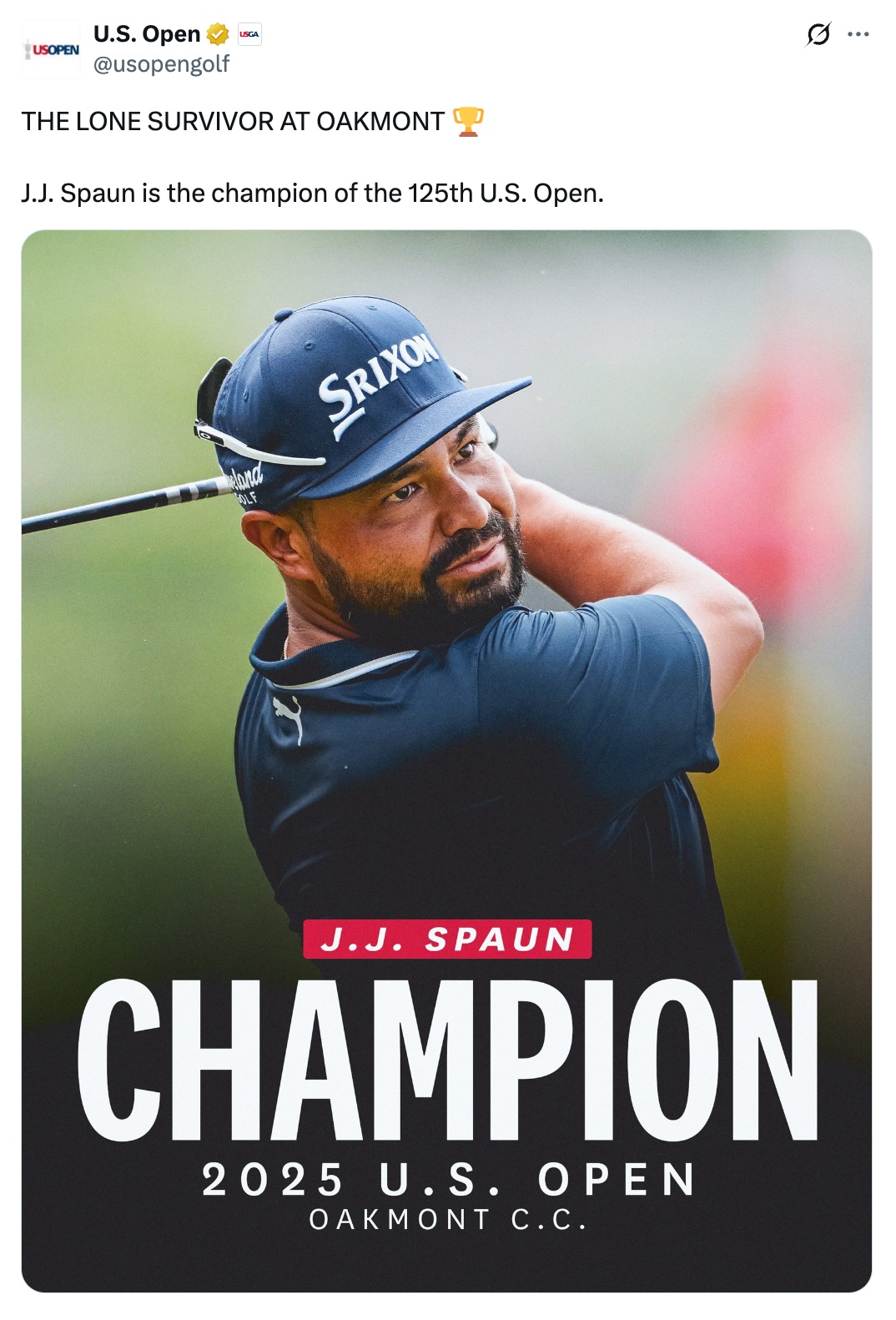 Screenshot of a Twitter post showing JJ Spaun winning the 2025 US Open