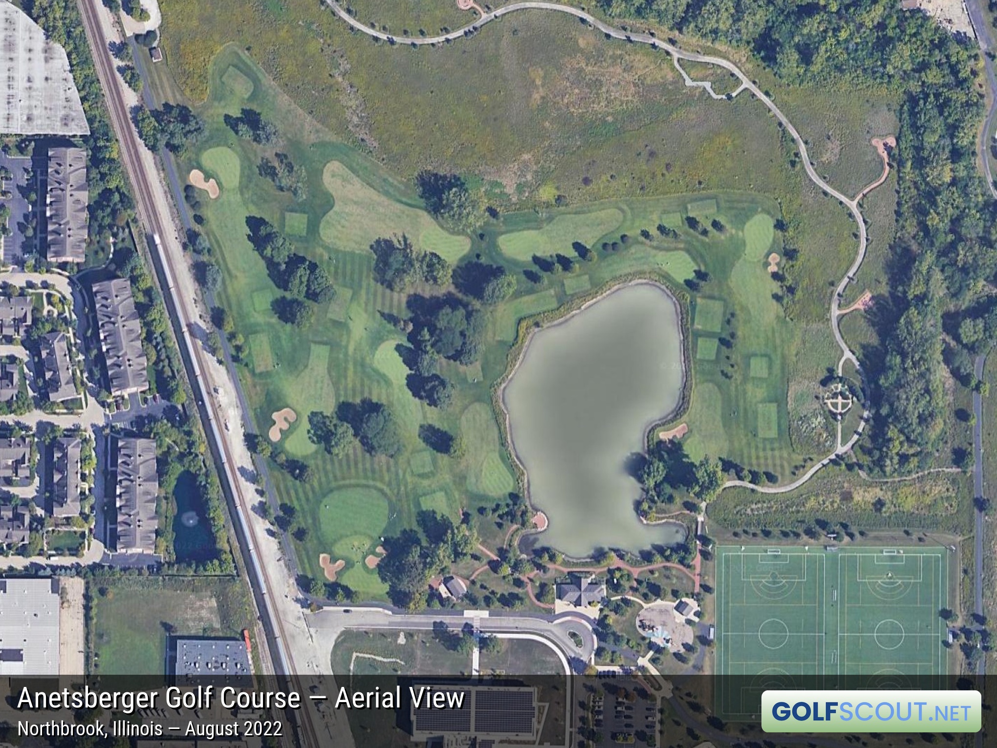 Aerial satellite imagery of Anetsberger Golf Course in Northbrook, Illinois. 