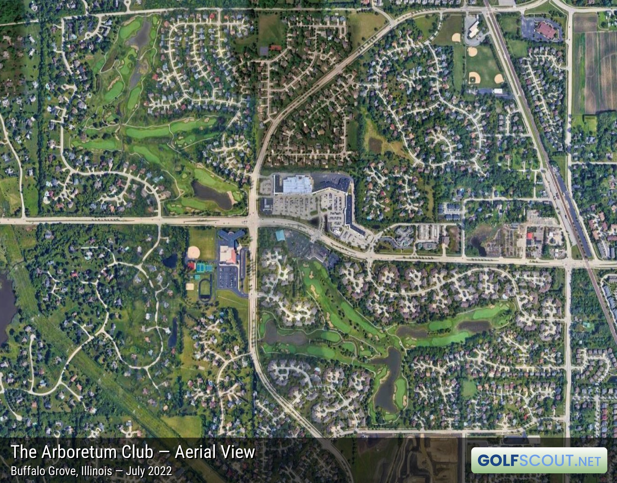 Aerial satellite imagery of Arboretum Club in Buffalo Grove, Illinois. 