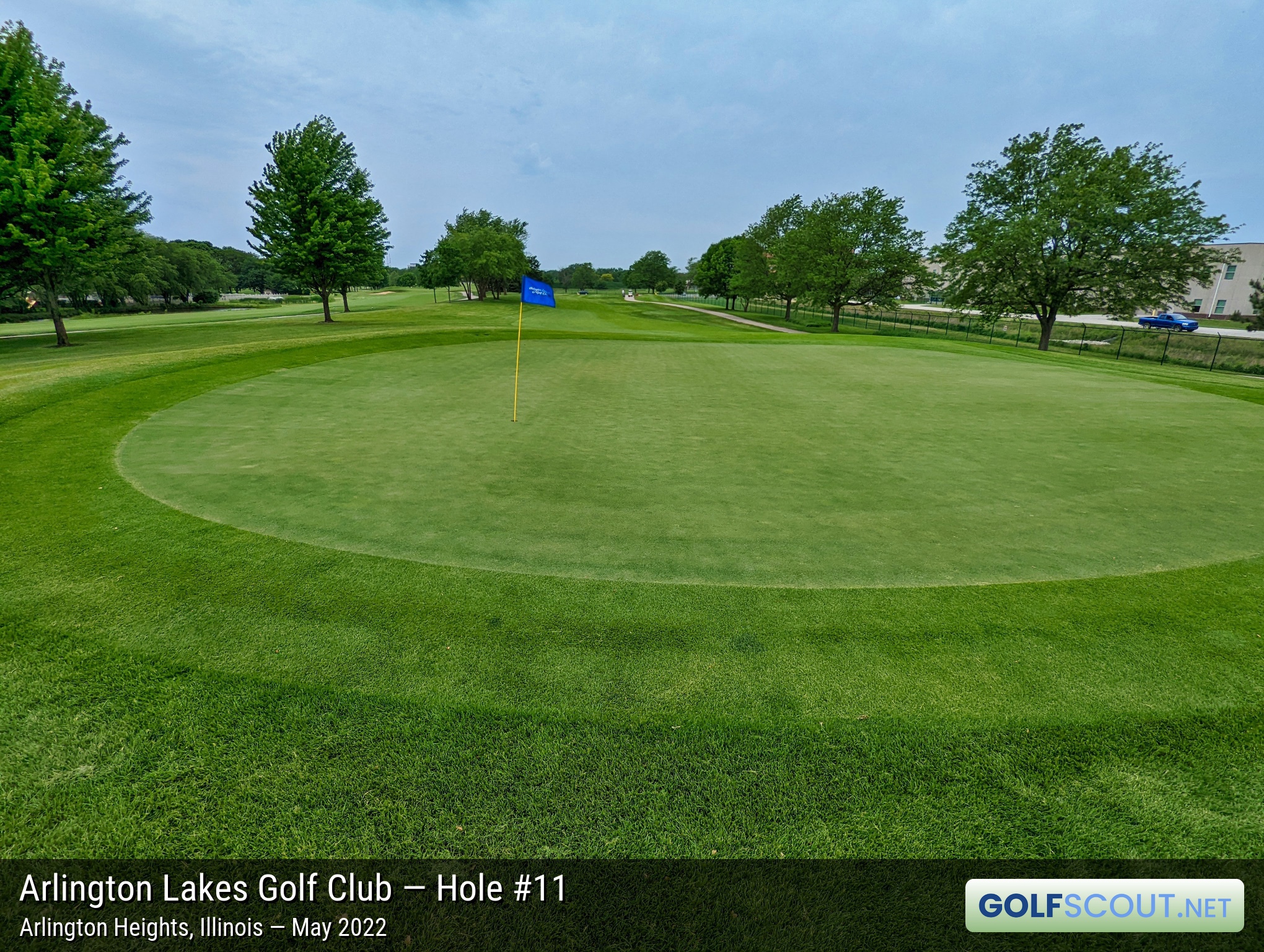 Photo of hole #11 at Arlington Lakes Golf Club in Arlington Heights, Illinois. View of the hole from the back of the green.