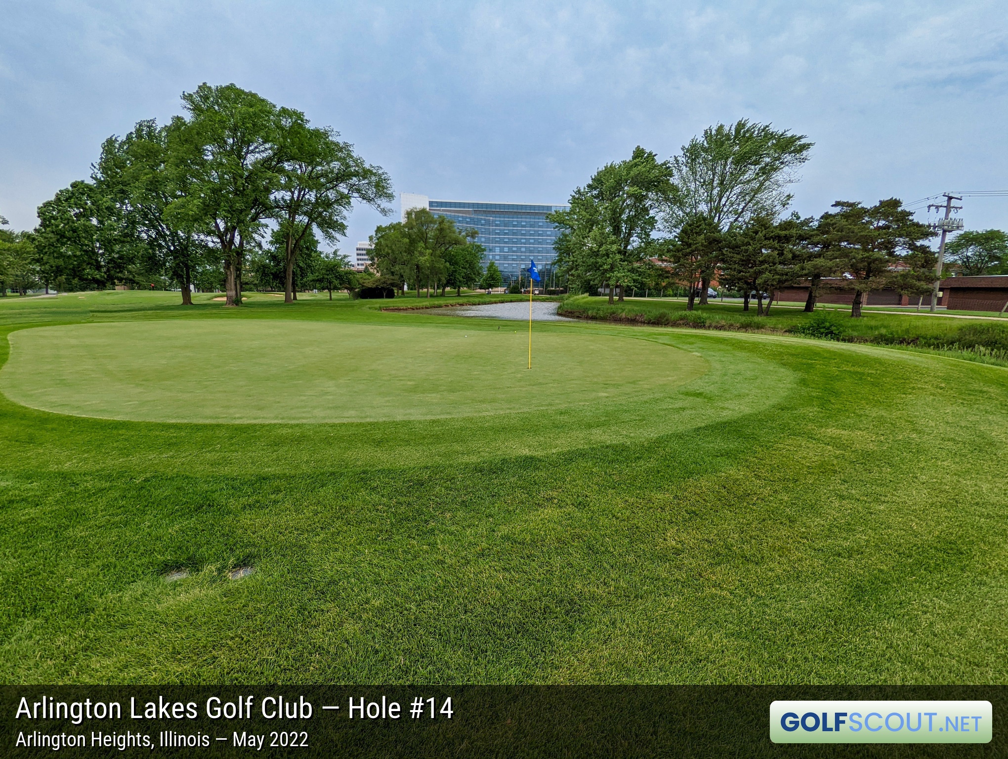 Photo of hole #14 at Arlington Lakes Golf Club in Arlington Heights, Illinois. View of the hole from the back of the green.