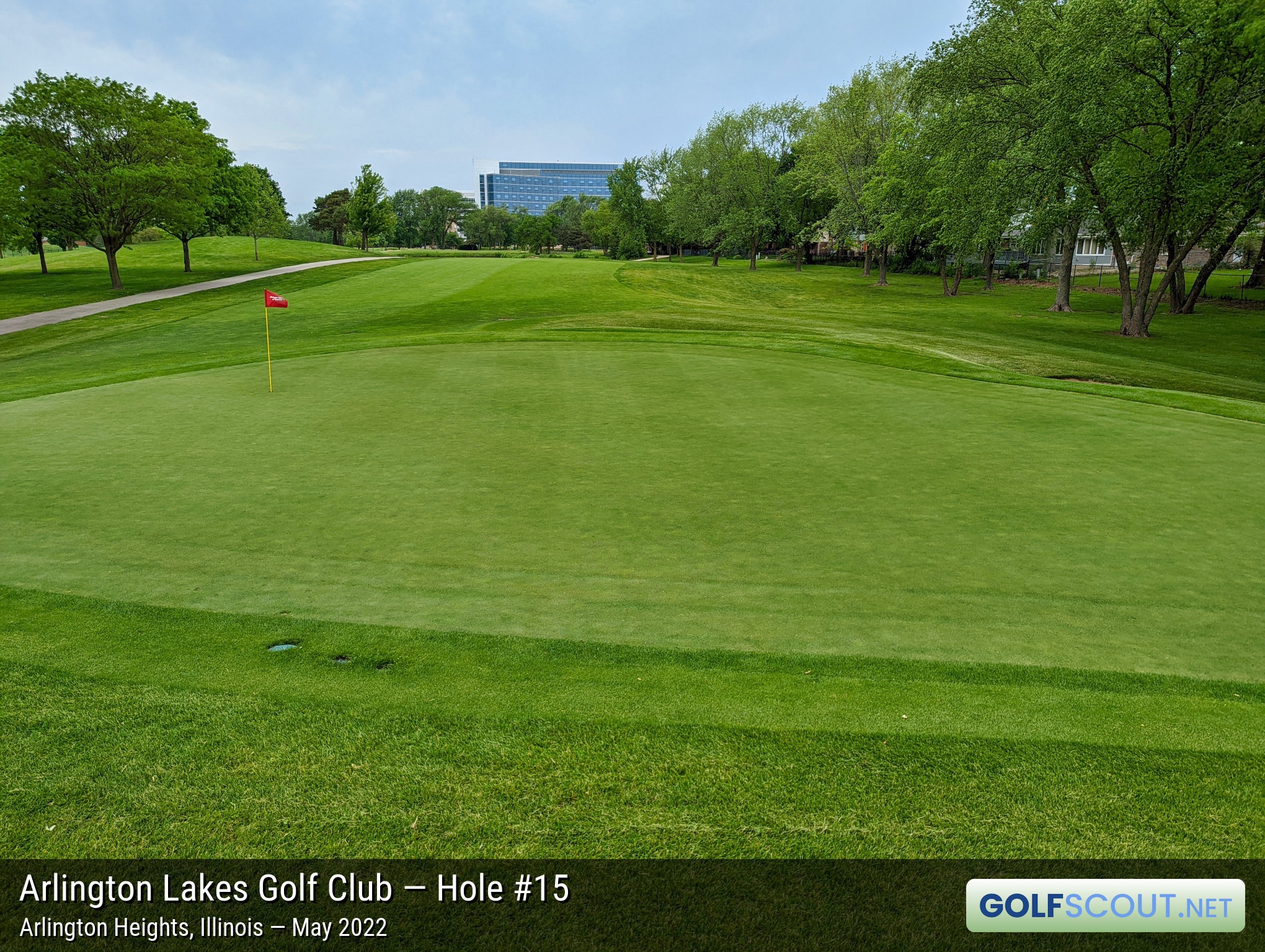 Photo of hole #15 at Arlington Lakes Golf Club in Arlington Heights, Illinois. View of the hole from the back of the green.