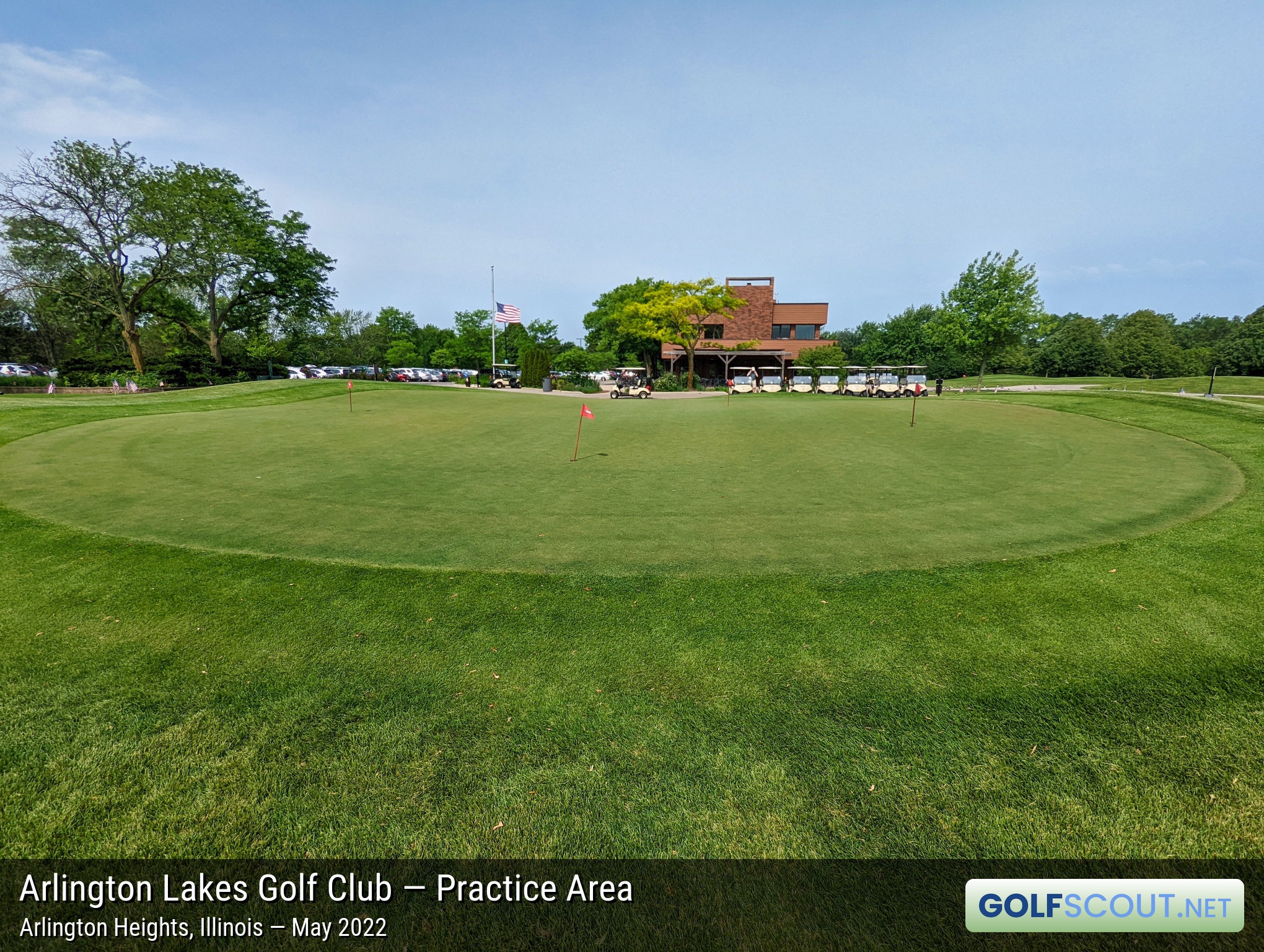 Photo of the practice area at Arlington Lakes Golf Club in Arlington Heights, Illinois. Another angle of the practice green. The green isn't huge, so it can get crowded if lots of folks want to practice.
