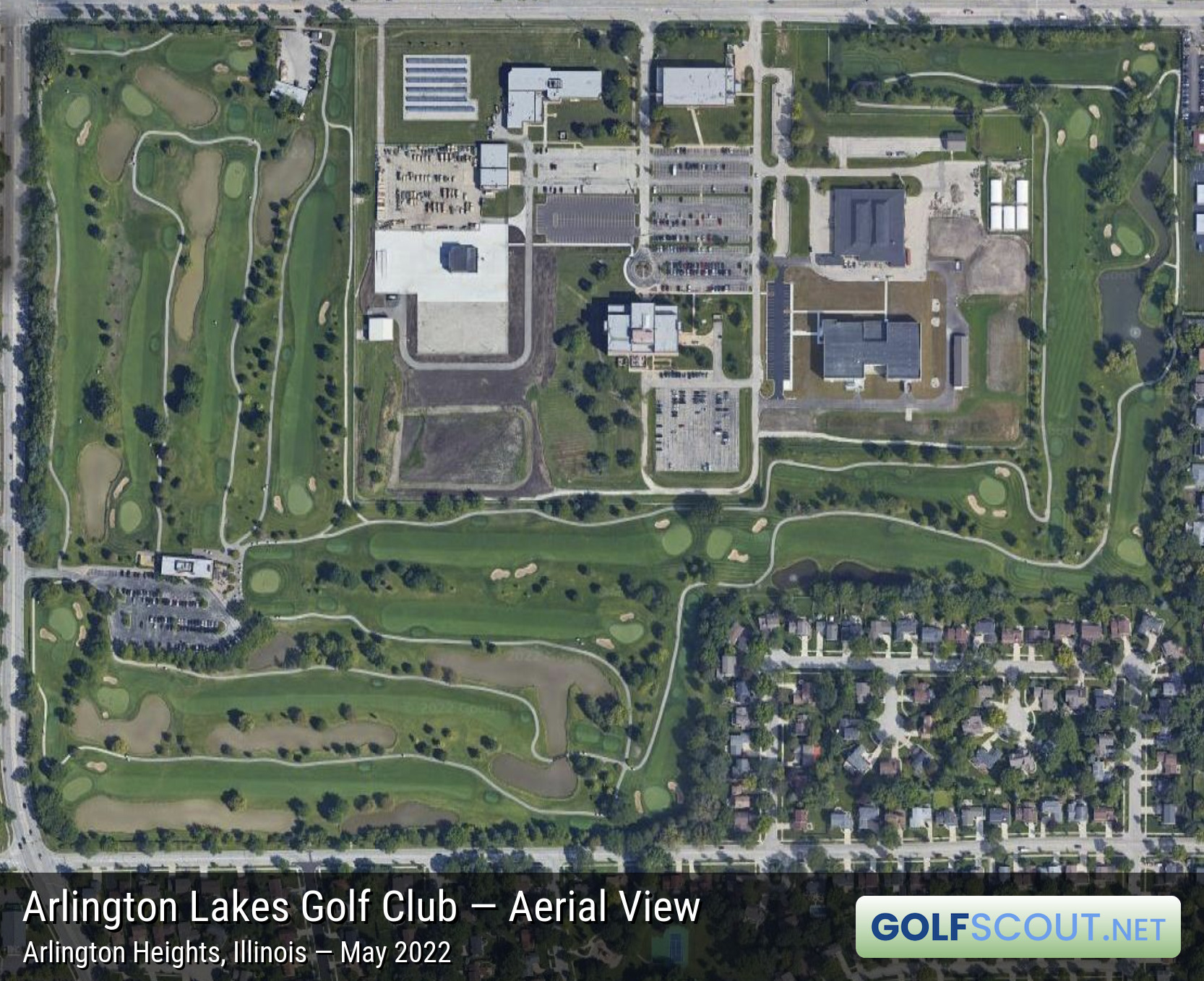 Aerial satellite imagery of Arlington Lakes Golf Club in Arlington Heights, Illinois. Google Maps satellite view of Arlington Lakes. Image owned by Google.