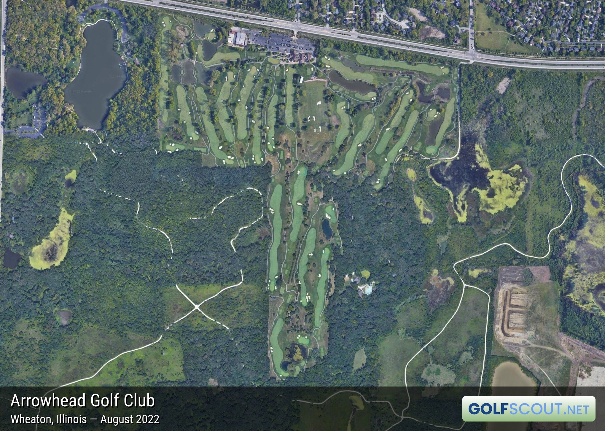 Aerial satellite imagery of Arrowhead West Course in Wheaton, Illinois. 