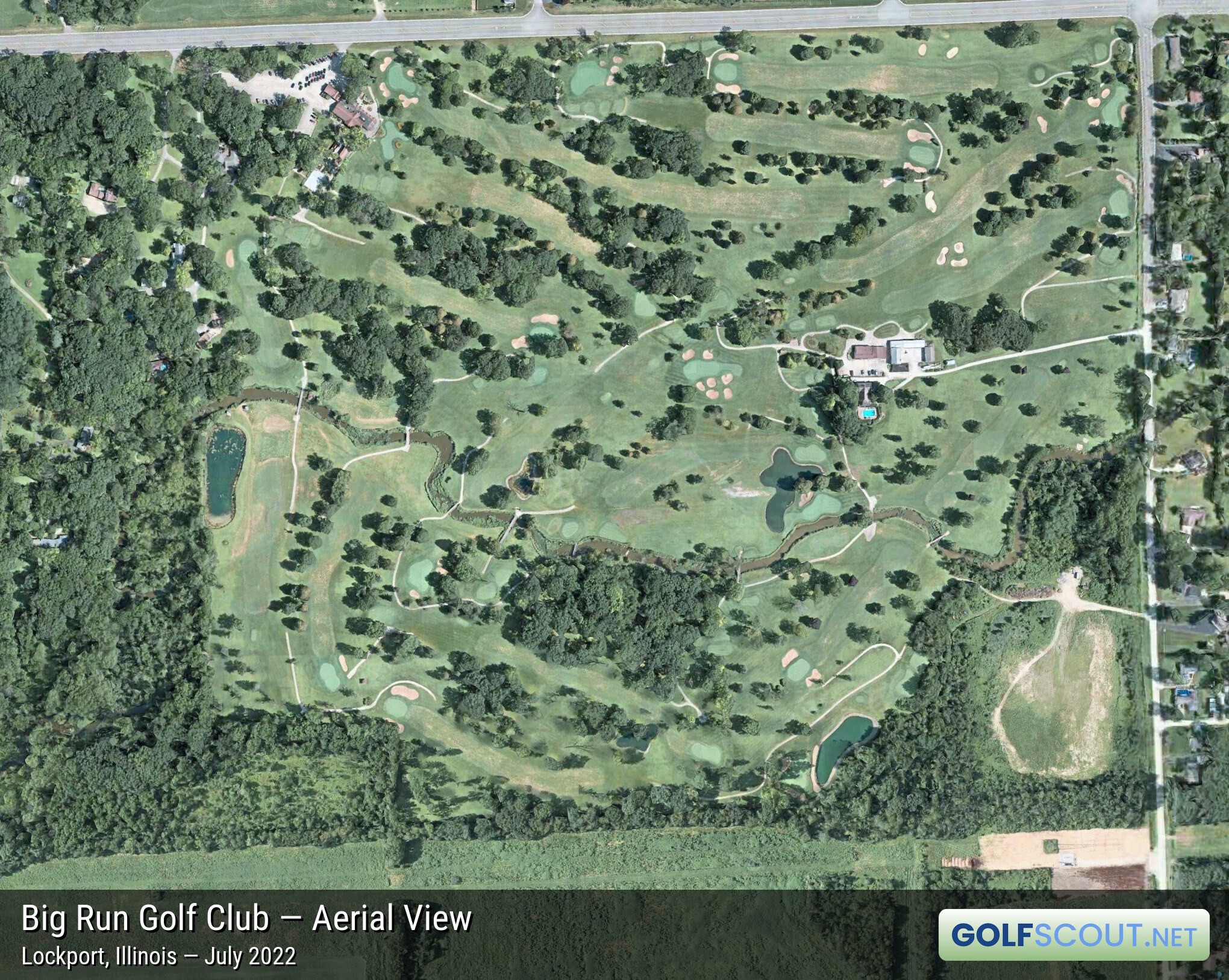 Aerial satellite imagery of Big Run Golf Club in Lockport, Illinois. 