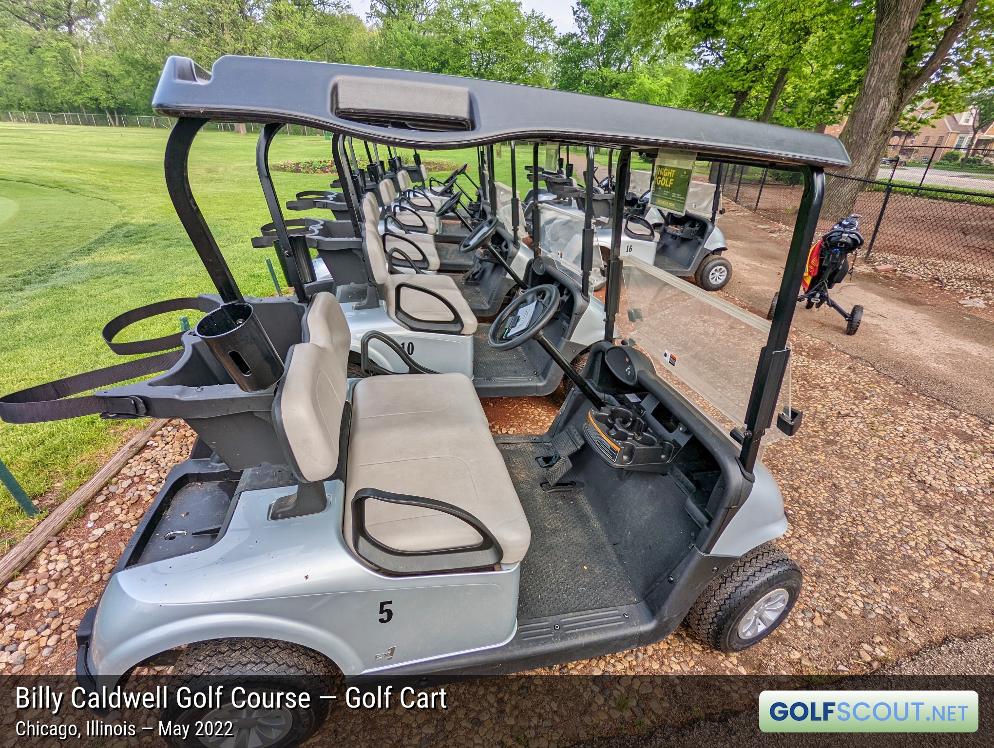 Photo of the golf carts at Billy Caldwell Golf Course in Chicago, Illinois. The golf carts are pretty standard issue. No GPS or anything. Since it's a 9 hole course, most people walk the course.