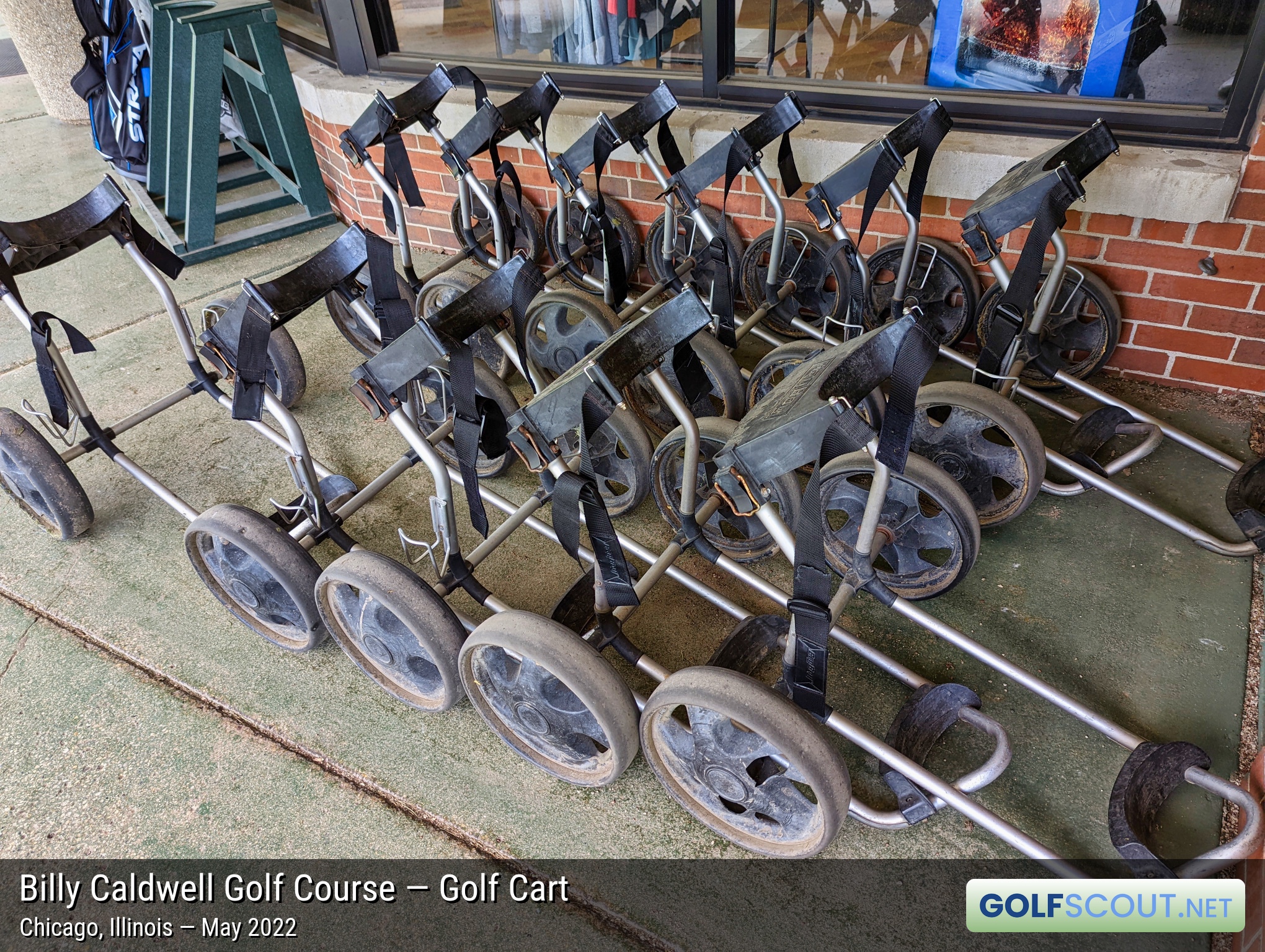 Photo of the golf carts at Billy Caldwell Golf Course in Chicago, Illinois. The push carts at Billy Caldwell. They give you the handle when you rent it. They work okay but are pretty old and sometimes not very smooth. Some WD-40 would be magic.