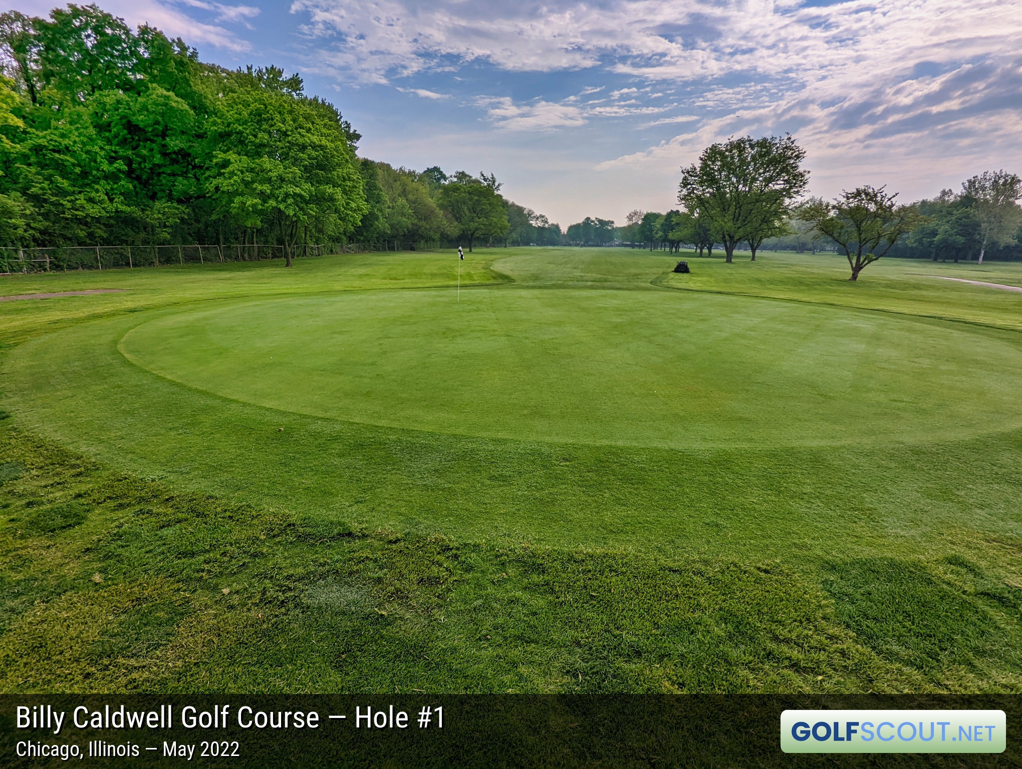 Photo of hole #1 at Billy Caldwell Golf Course in Chicago, Illinois. A view of the fairway from the back of the green.