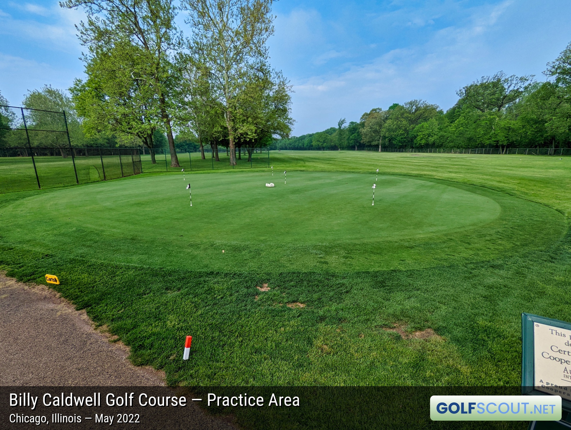 Photo of the practice area at Billy Caldwell Golf Course in Chicago, Illinois. This is the main practice green at Billy Caldwell. You used to be able to chip and putt on it, but there's a no chipping sign on it now.