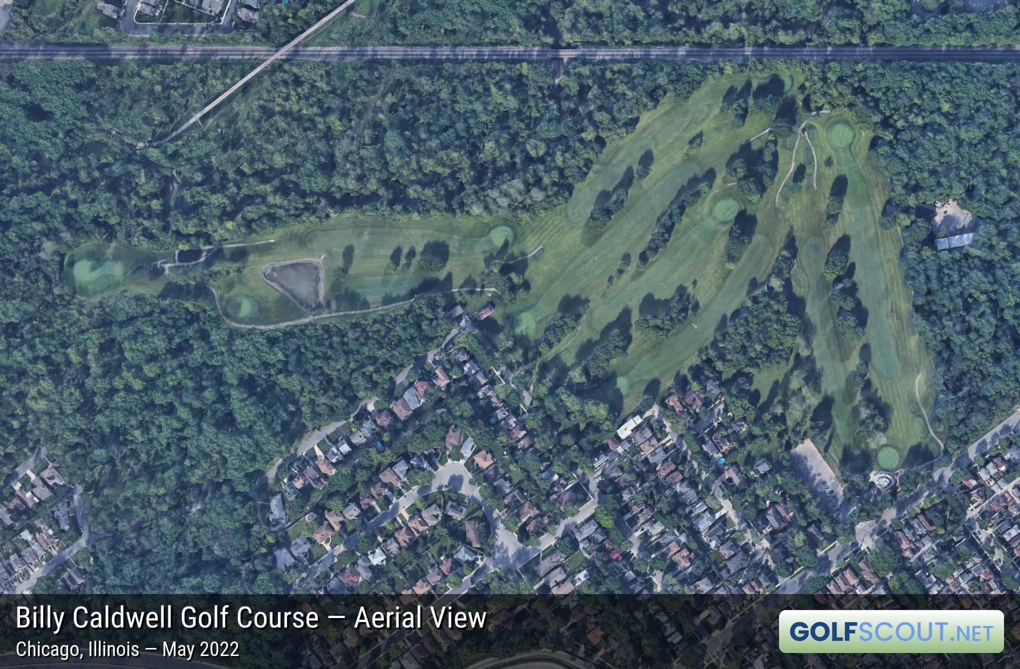 Aerial satellite imagery of Billy Caldwell Golf Course in Chicago, Illinois. Google Maps satellite image of Billy Caldwell Golf Course. Image owned by Google.