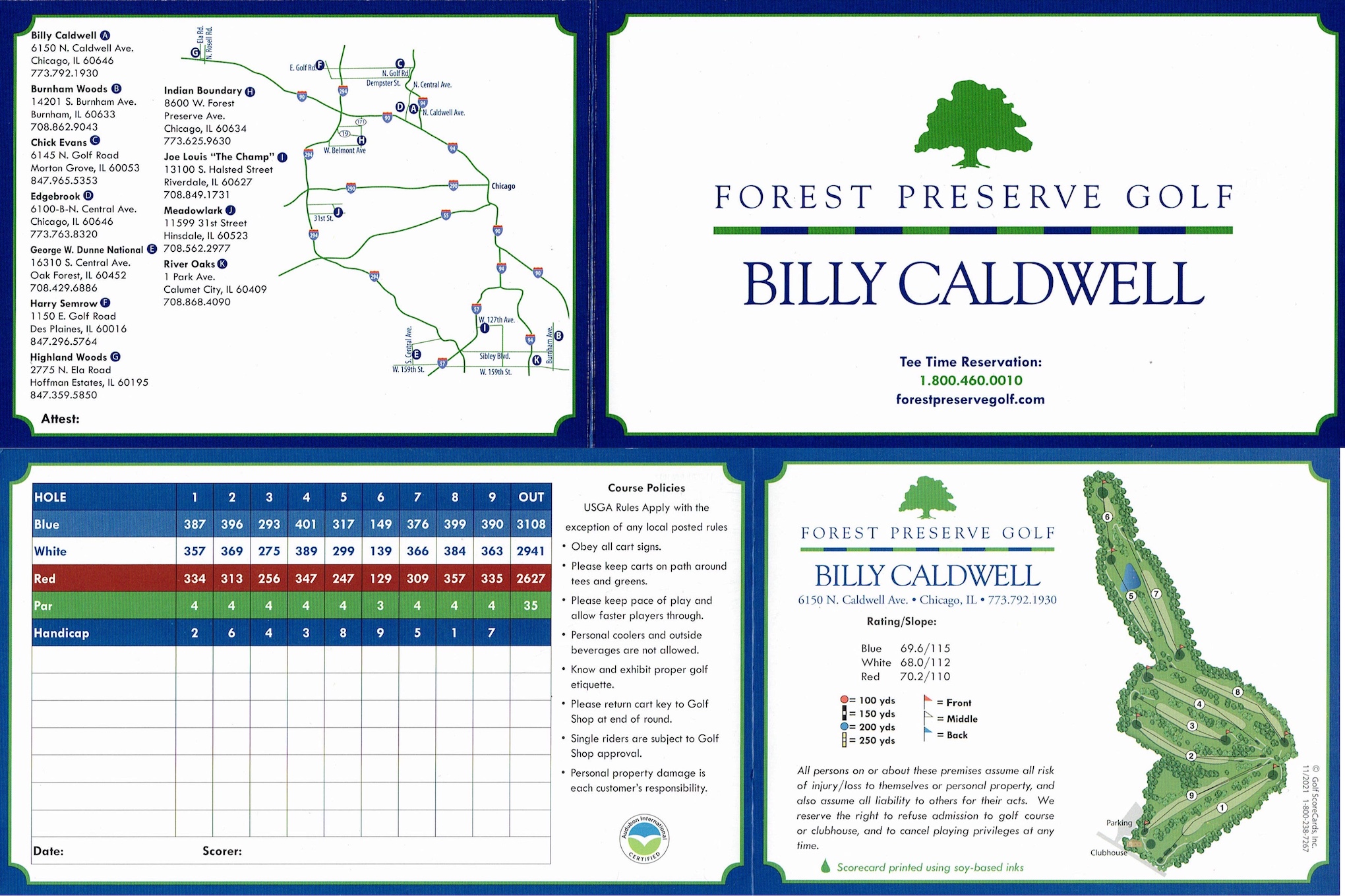 Scan of the scorecard from Billy Caldwell Golf Course in Chicago, Illinois. Scan of the front and back of the Billy Caldwell scorecard.