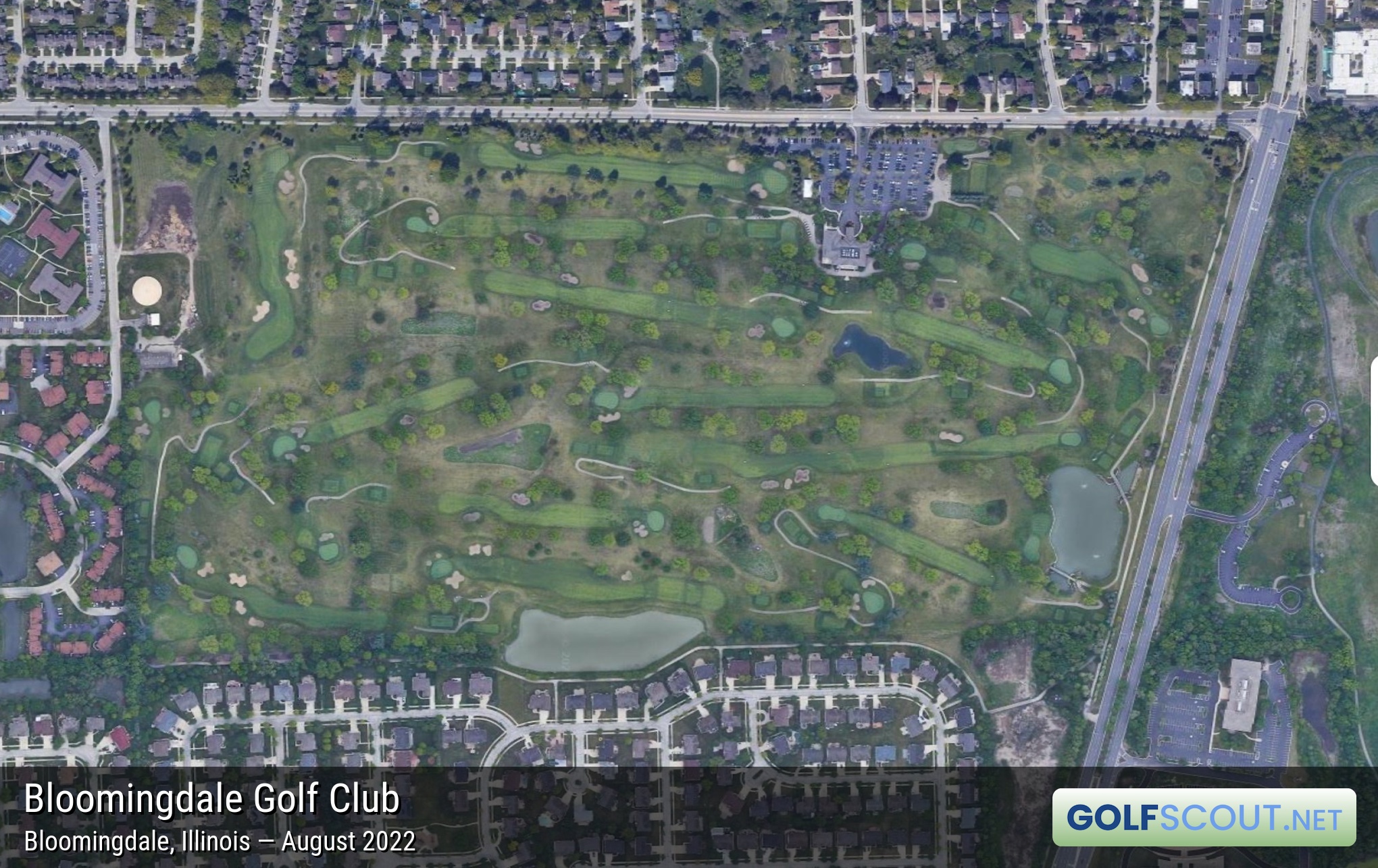 Aerial satellite imagery of Bloomingdale Golf Club in Bloomingdale, Illinois. 