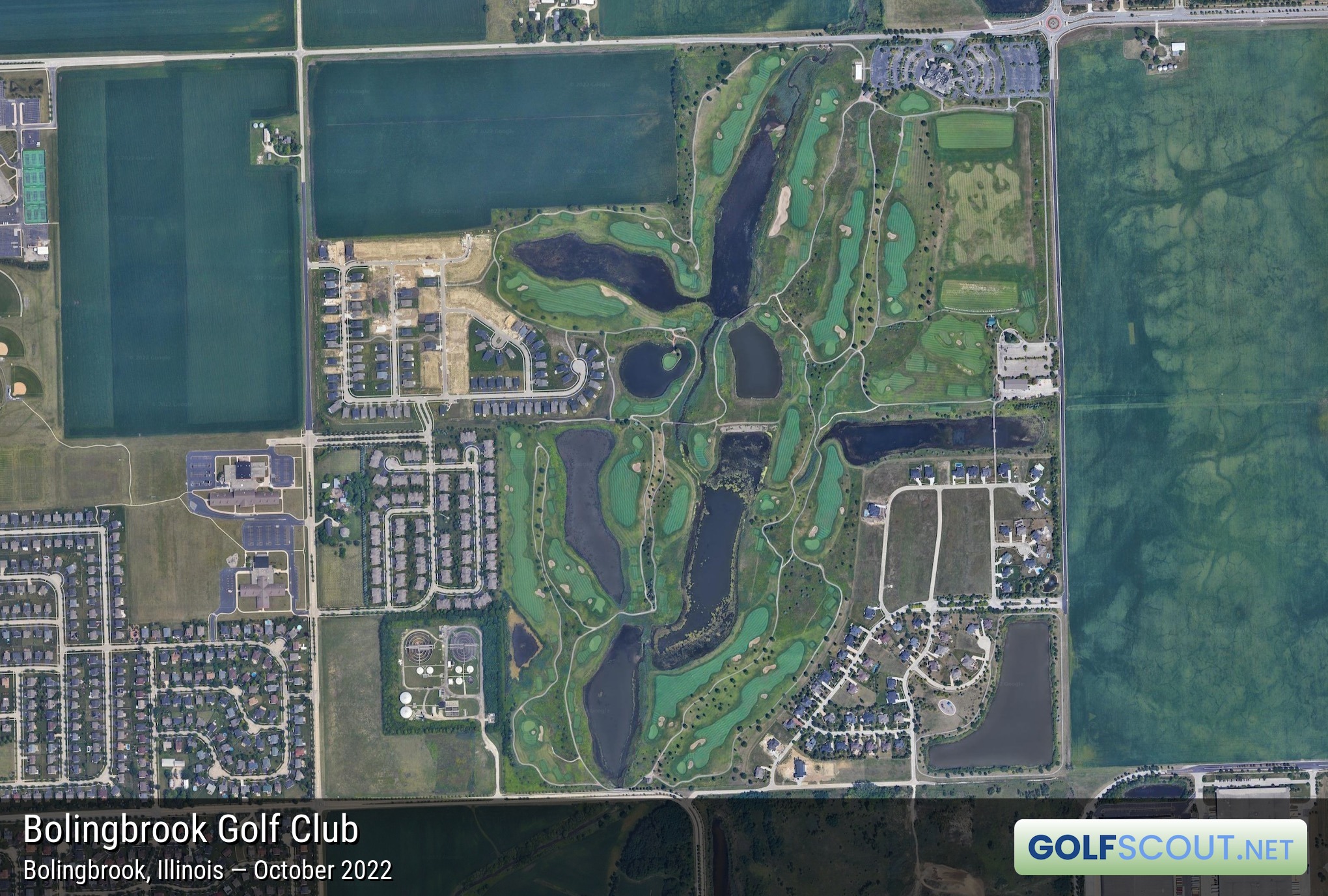 Aerial satellite imagery of Bolingbrook Golf Club in Bolingbrook, Illinois. 