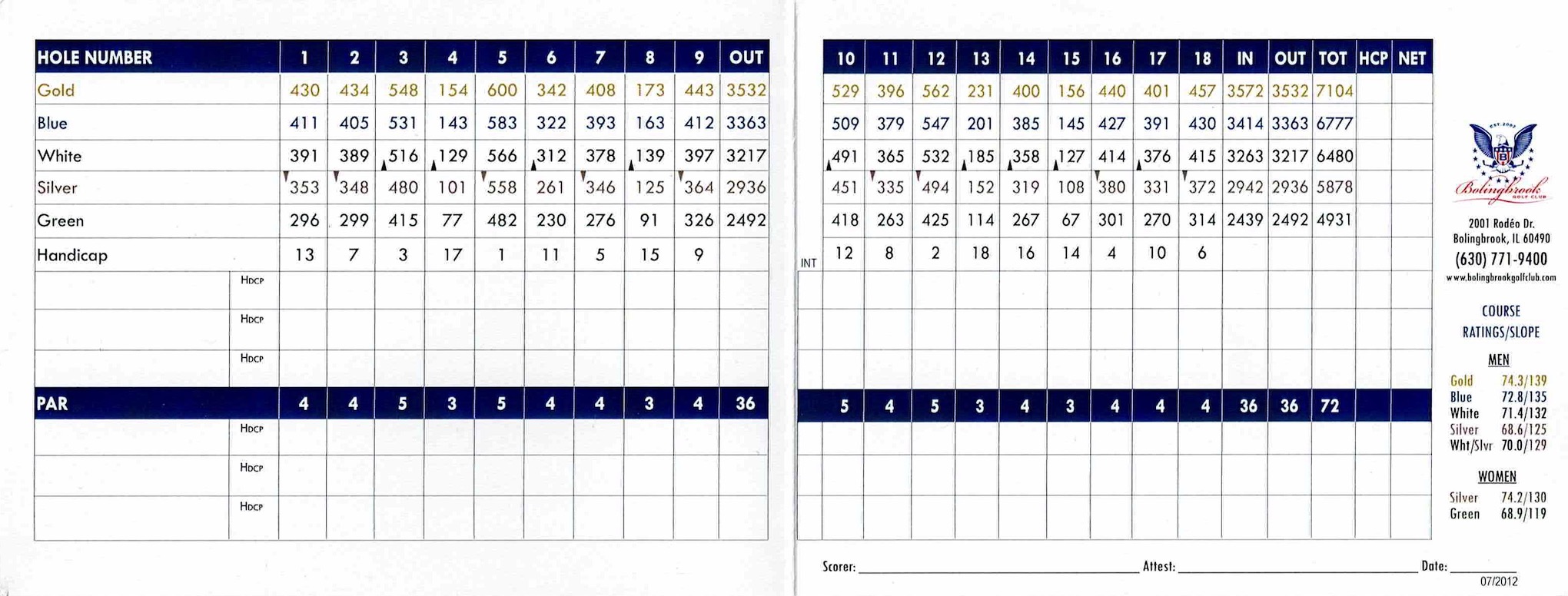 Scan of the scorecard from Bolingbrook Golf Club in Bolingbrook, Illinois. 