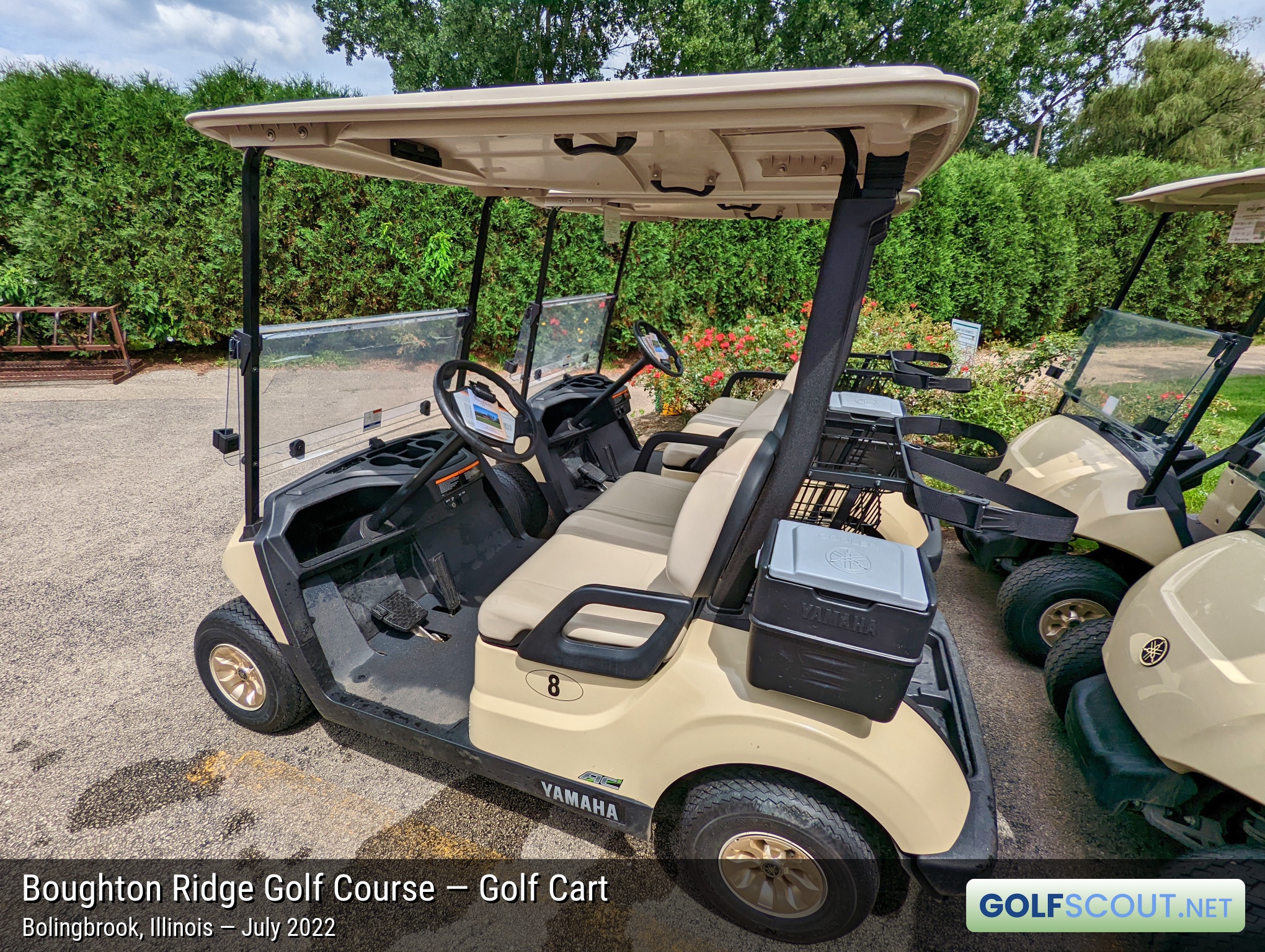Photo of the golf carts at Boughton Ridge Golf Course in Bolingbrook, Illinois. 