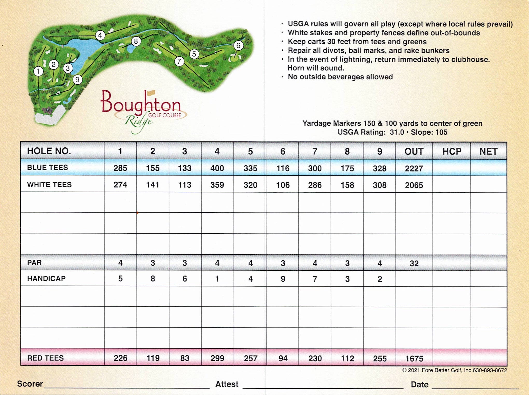 Scan of the scorecard from Boughton Ridge Golf Course in Bolingbrook, Illinois. 