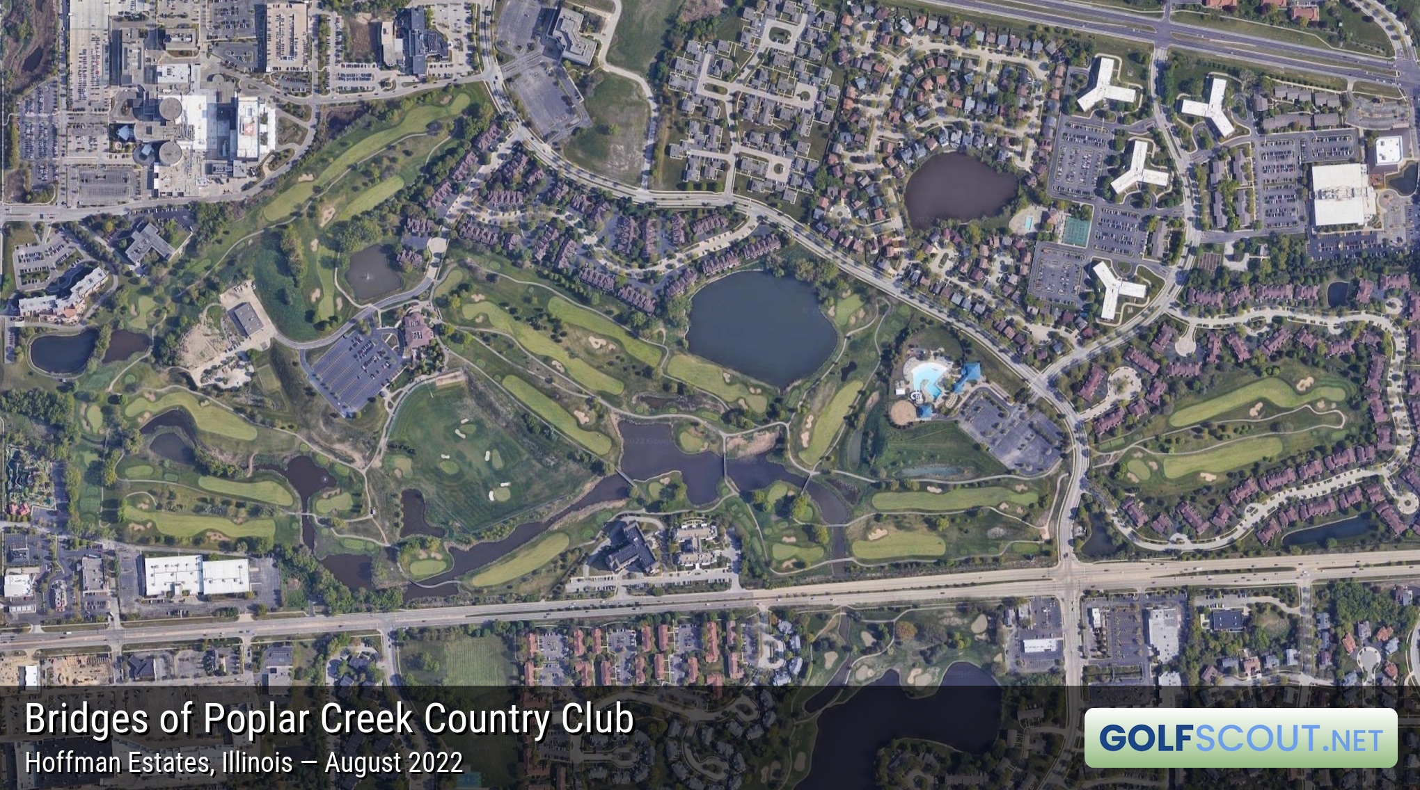 Aerial satellite imagery of Bridges of Poplar Creek Country Club in Hoffman Estates, Illinois. 