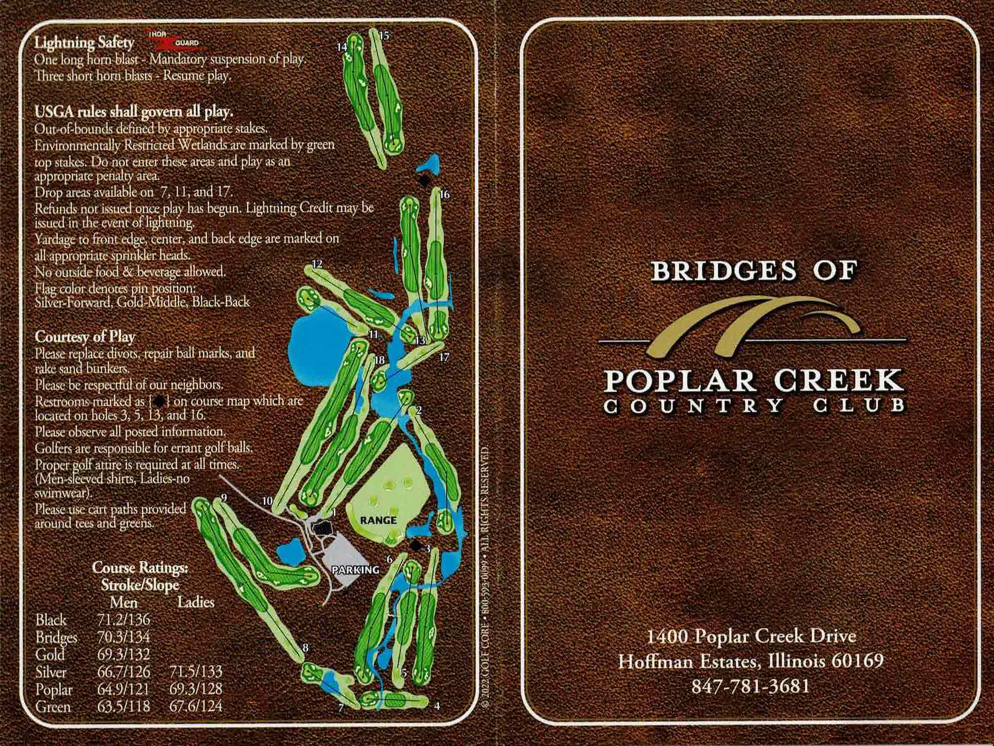 Scan of the scorecard from Bridges of Poplar Creek Country Club in Hoffman Estates, Illinois. 