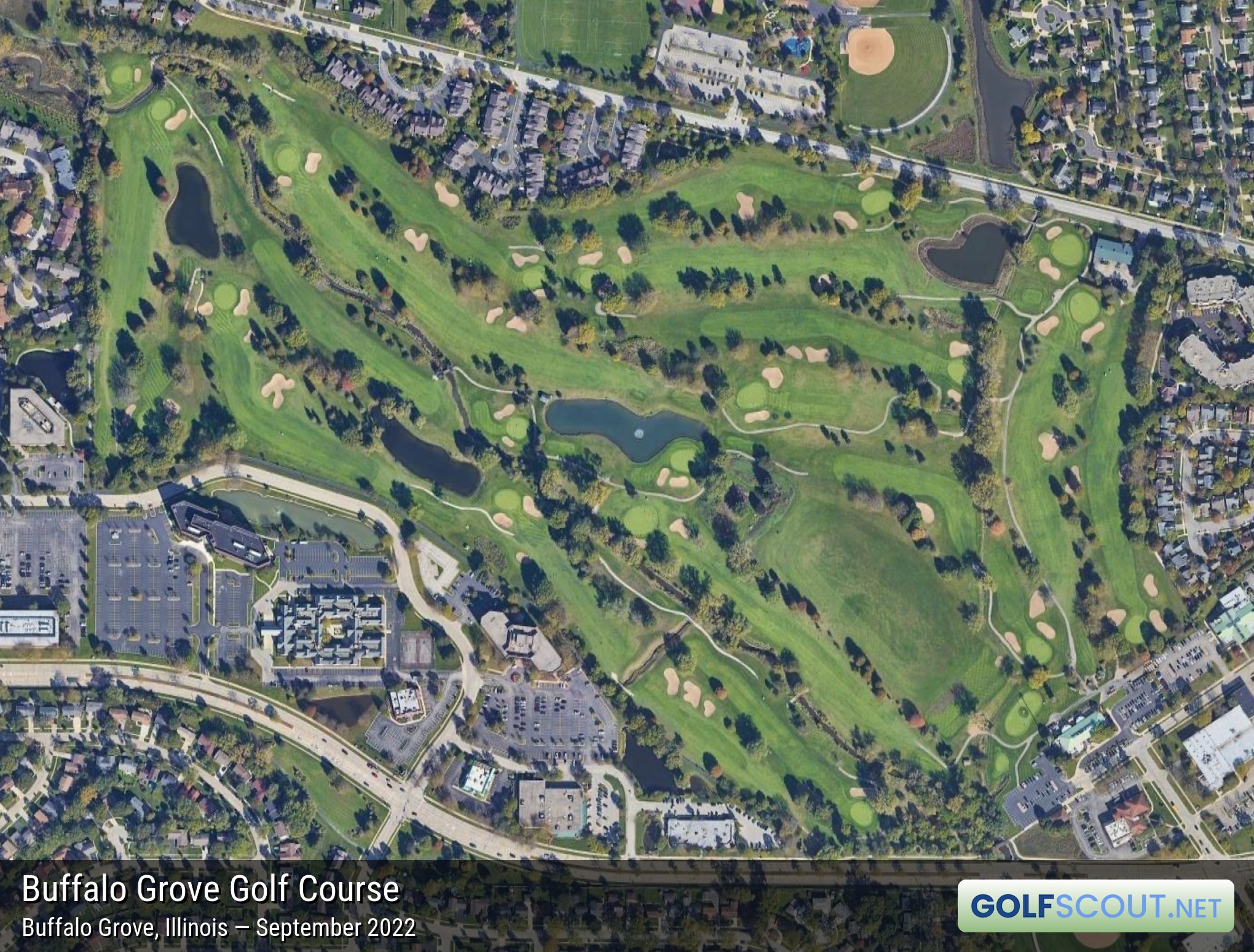 Aerial satellite imagery of Buffalo Grove Golf Course in Buffalo Grove, Illinois. 