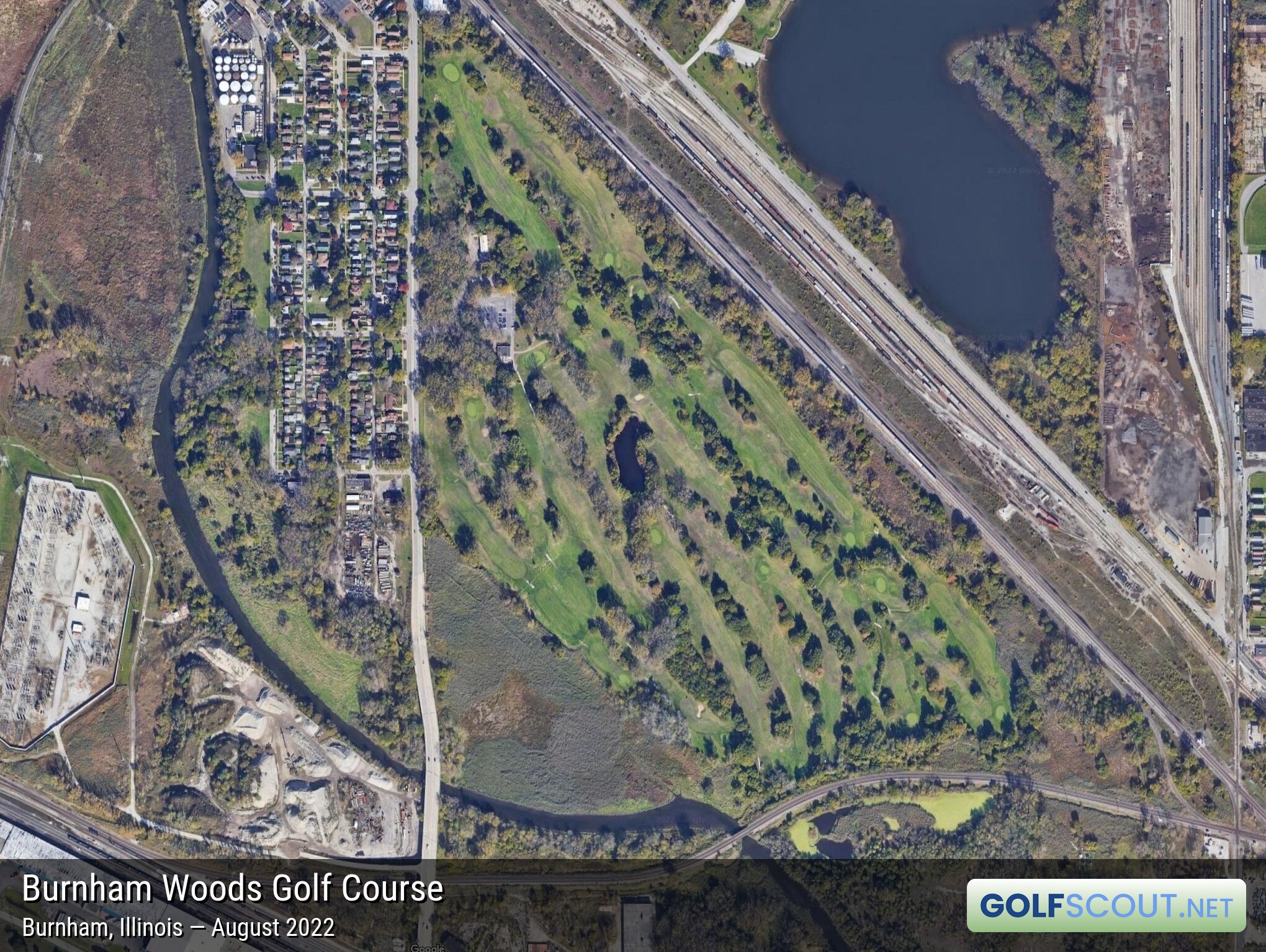 Aerial satellite imagery of Burnham Woods Golf Course in Burnham, Illinois. 