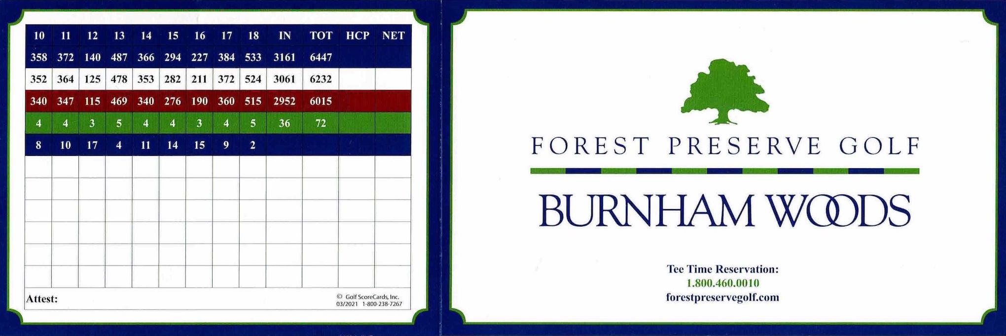 Scan of the scorecard from Burnham Woods Golf Course in Burnham, Illinois. 