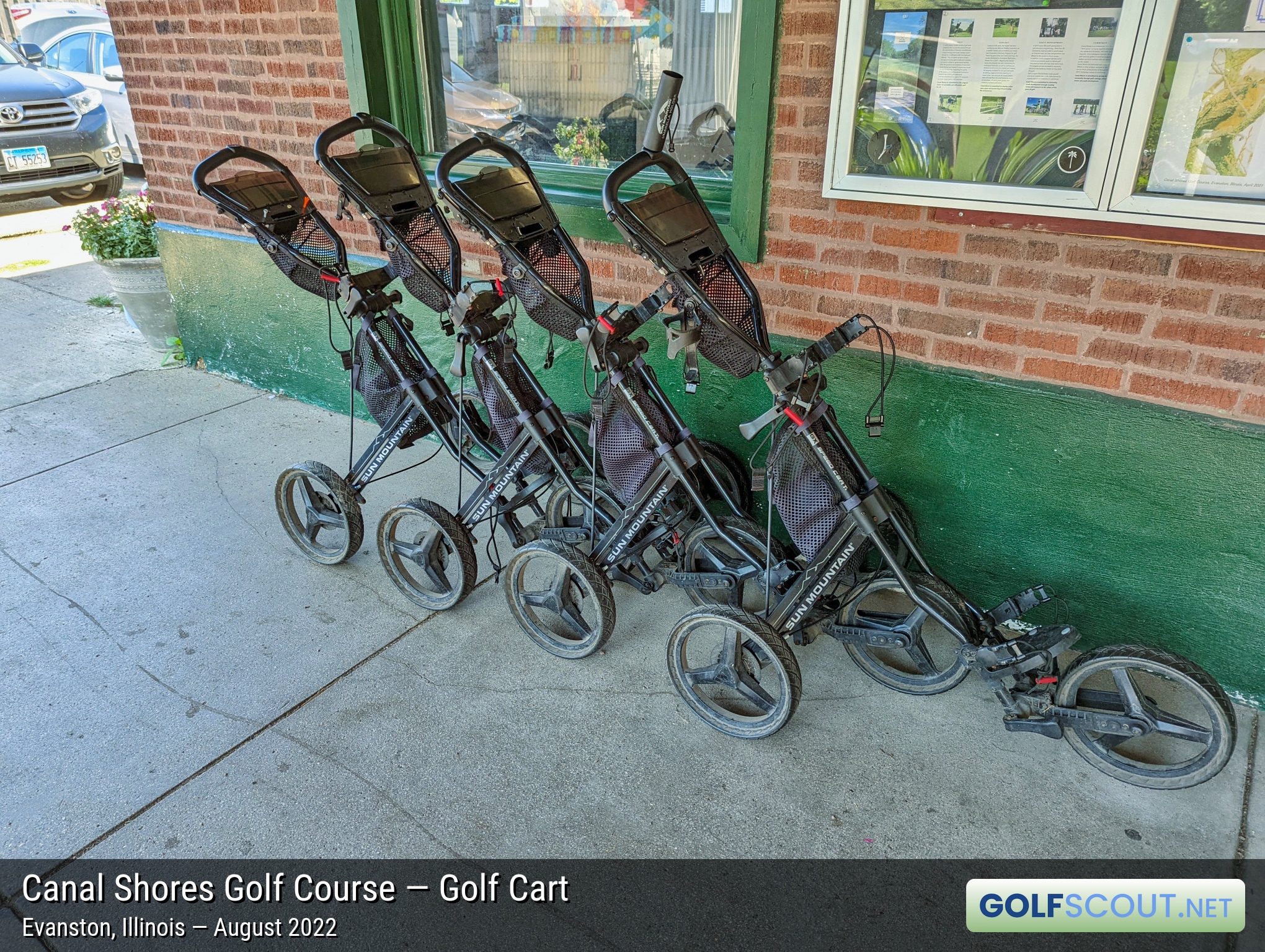 Photo of the golf carts at Canal Shores Golf Course in Evanston, Illinois. 