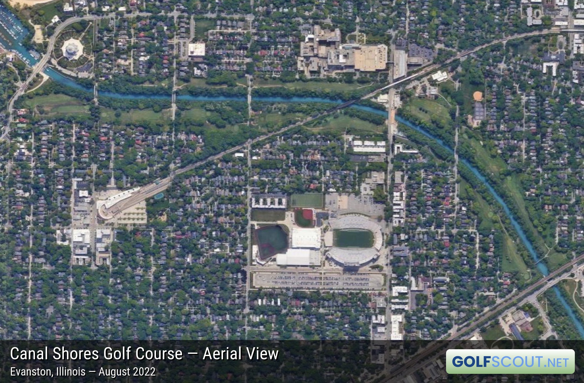 Aerial satellite imagery of Canal Shores Golf Course in Evanston, Illinois. 