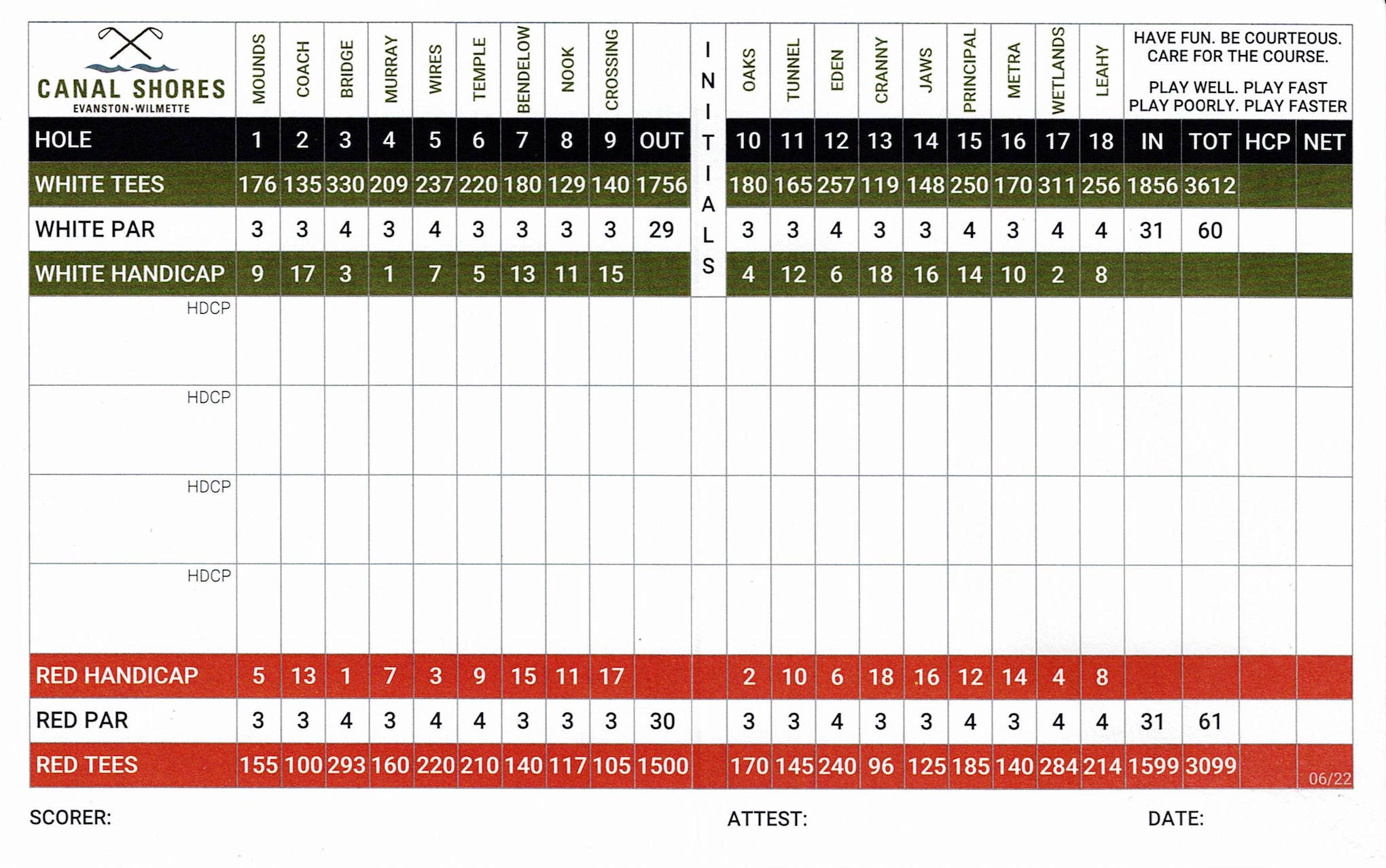 Scan of the scorecard from Canal Shores Golf Course in Evanston, Illinois. 