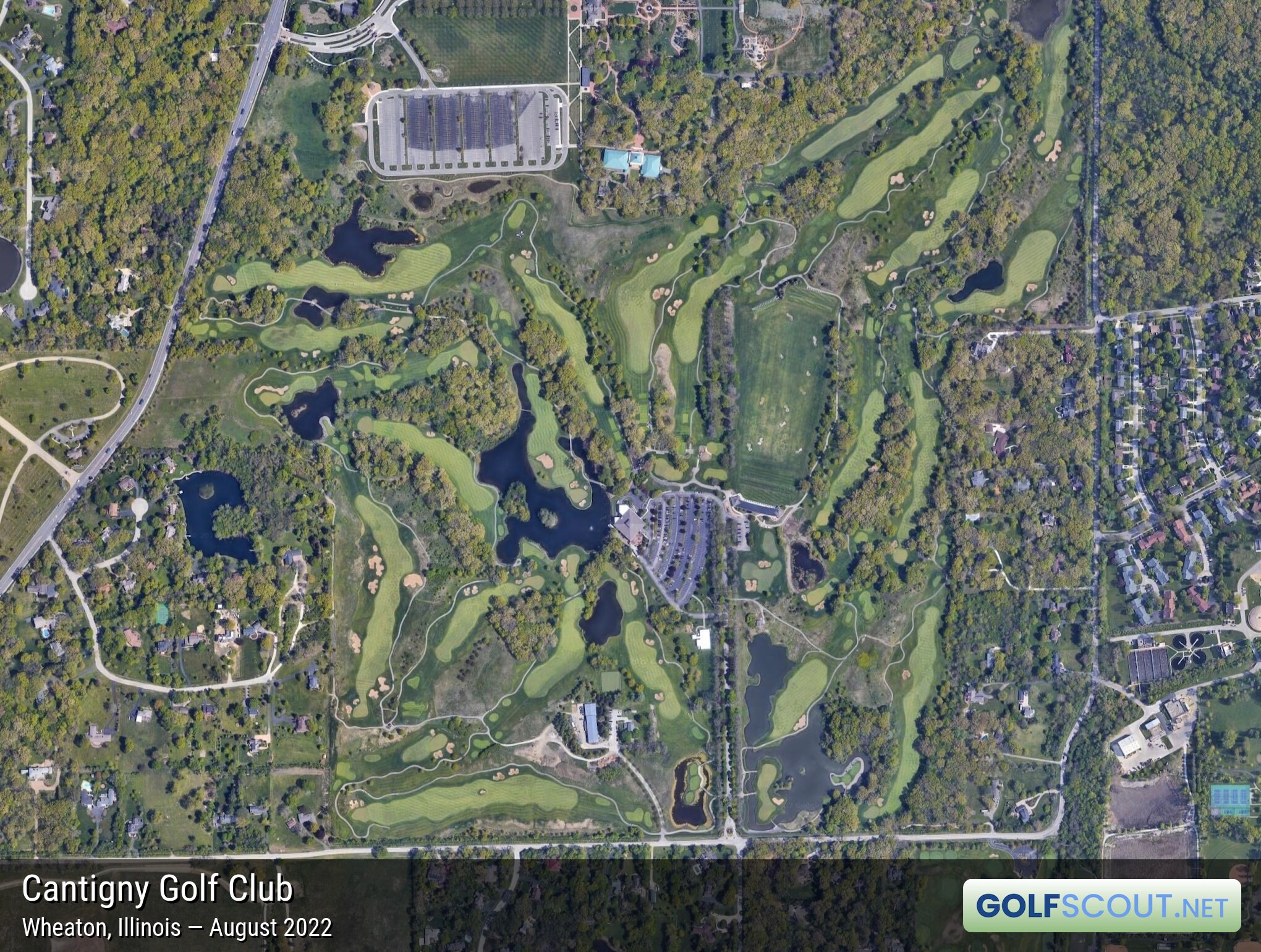 Aerial satellite imagery of Cantigny Hillside Course in Wheaton, Illinois. 