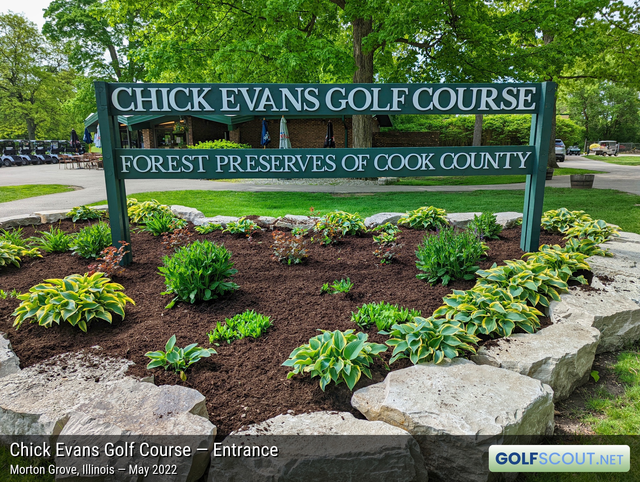 Photo of the entrance at Chick Evans Golf Course in Morton Grove, Illinois. The Cook County Forest Preserve owns Chick Evans golf course, along with 10 other golf courses, including Burnham Woods, Billy Caldwell, Edgebrook, George W. Dunne, Indian Boundary, and more.