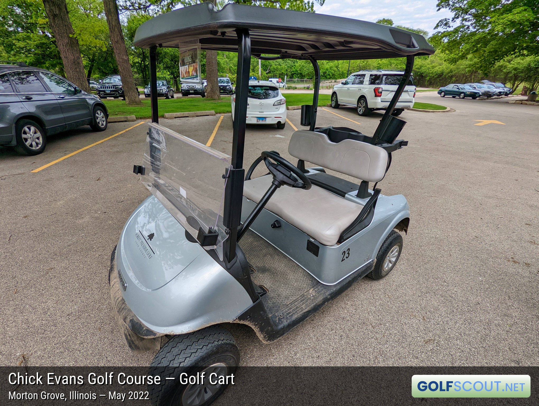 Photo of the golf carts at Chick Evans Golf Course in Morton Grove, Illinois. Standard motorized carts. They work fine. No GPS systems, but do you need one at Chick Evans?