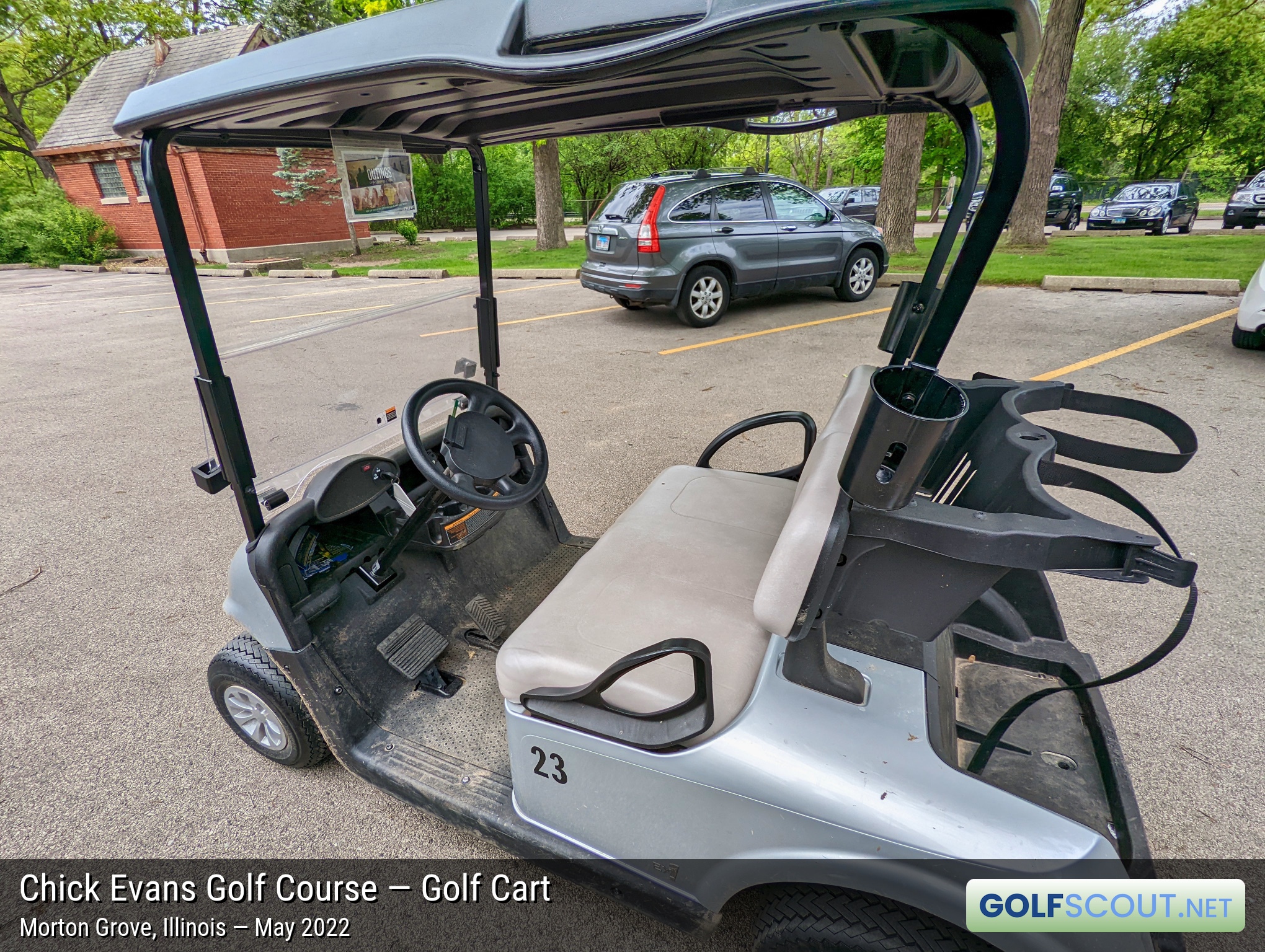 Photo of the golf carts at Chick Evans Golf Course in Morton Grove, Illinois. Bonus points for the silver color. Better than the standard tan color at most public courses.