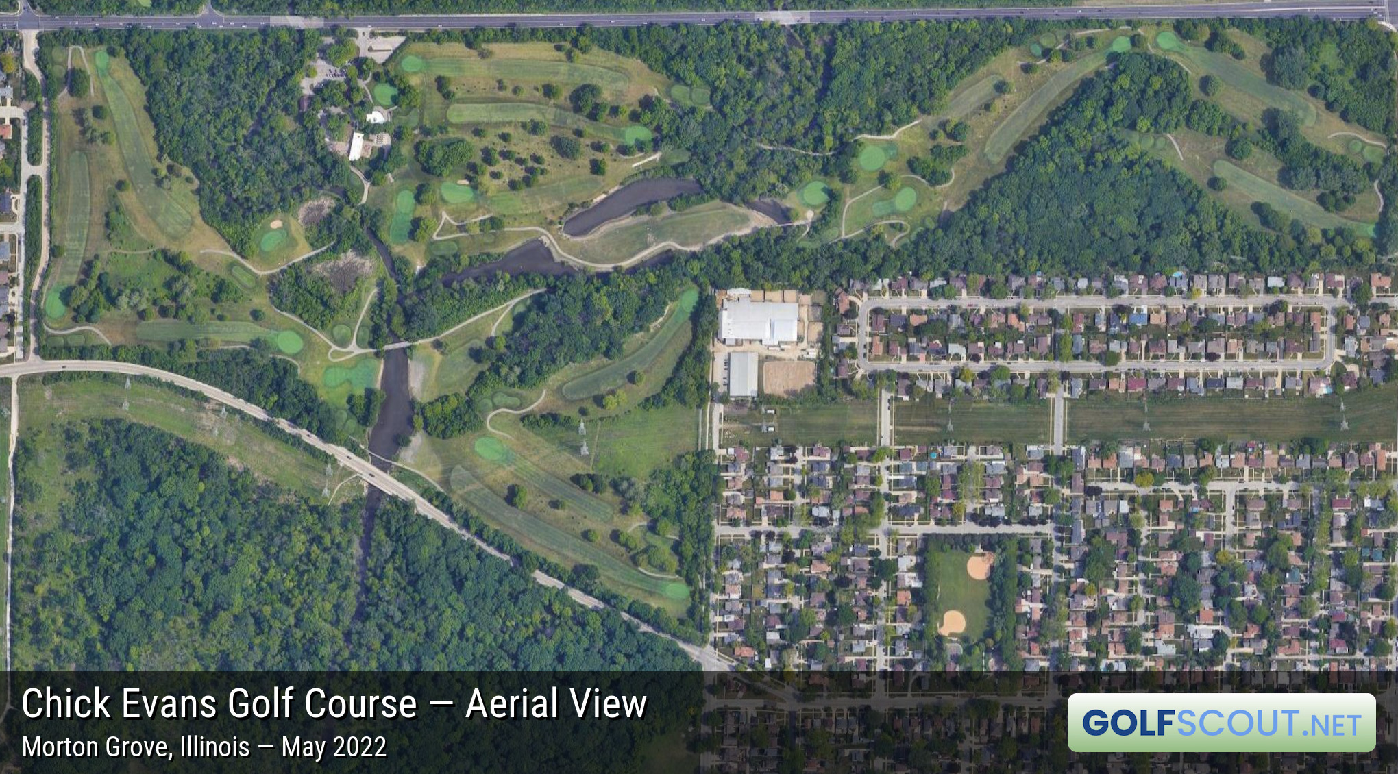 Aerial satellite imagery of Chick Evans Golf Course in Morton Grove, Illinois. Google Maps satellite photo of Chick Evans. Image owned by Google.
