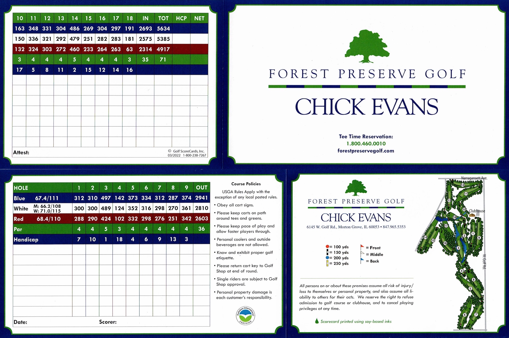 Scan of the scorecard from Chick Evans Golf Course in Morton Grove, Illinois. Scans of the front and back of the scorecard at Chick Evans.