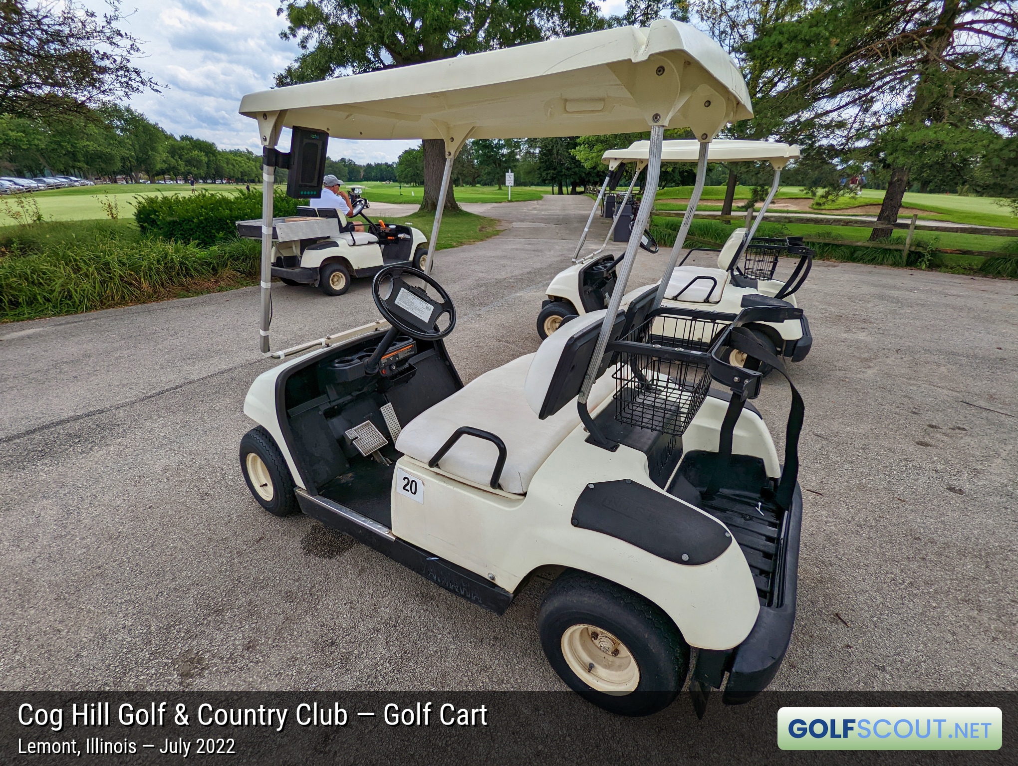 Photo of the golf carts at Cog Hill Course #1 in Lemont, Illinois. The golf carts on courses 1 and 3 do not have GPS. Courses 2 and 4 have that.