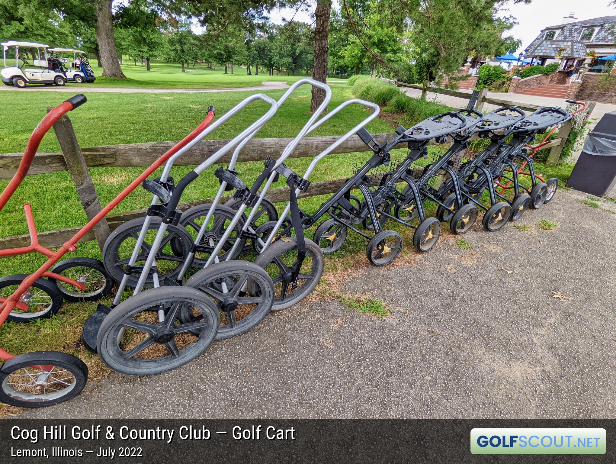 Photo of the golf carts at Cog Hill Course #1 in Lemont, Illinois. Push carts for rent at Cog Hill.