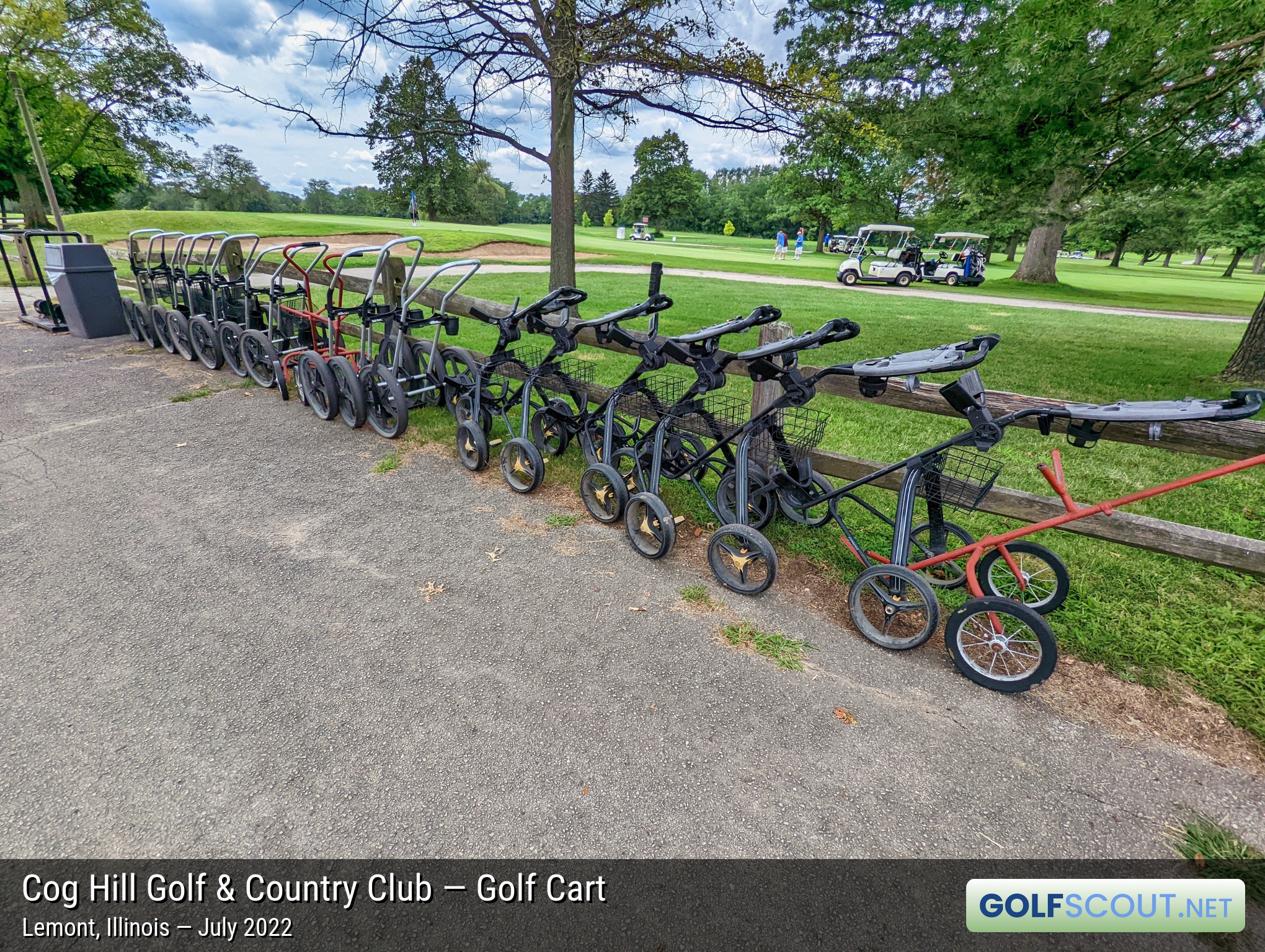 Photo of the golf carts at Cog Hill Course #1 in Lemont, Illinois. Lots of different varieties.