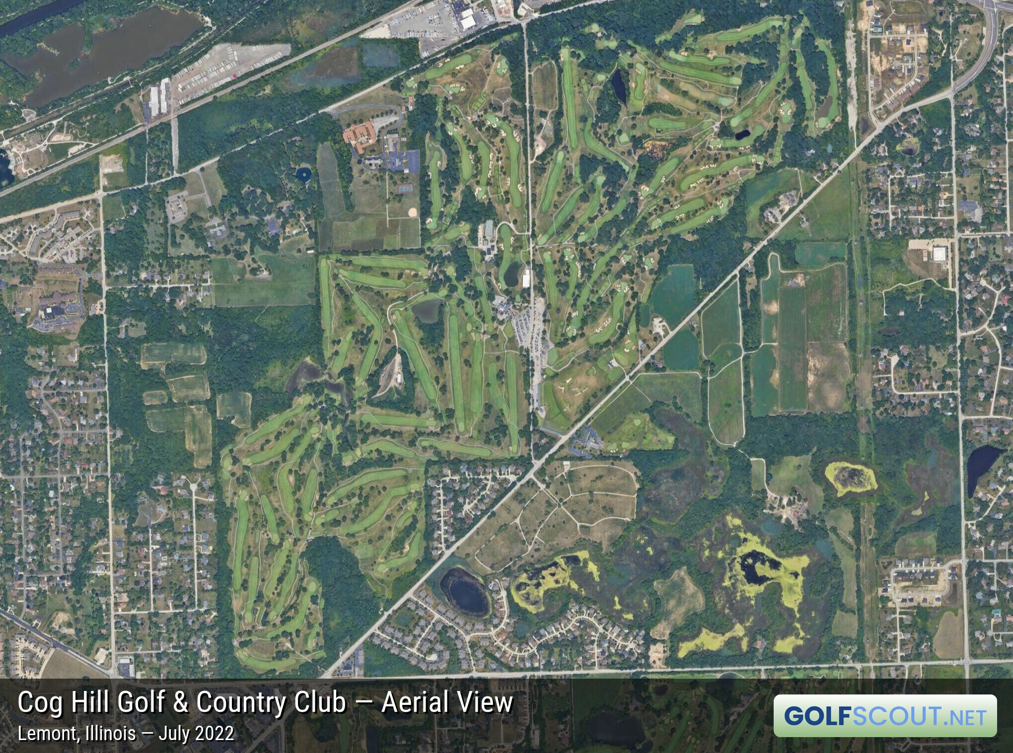 Aerial satellite imagery of Cog Hill Course #1 in Lemont, Illinois. Cog Hill has 4 courses. Course 1 and 3 intertwine in the southwest portion of the property. Image courtesy of Google Maps.